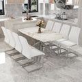 Table And Chair Set.Modern Luxurious White Marble Patterned Tempered Glass Dining Table With 8 Chairs.Single Fork Silver Metal Table Legs.White High Quality Pu Dining Chairs With Silver Metal Legs.