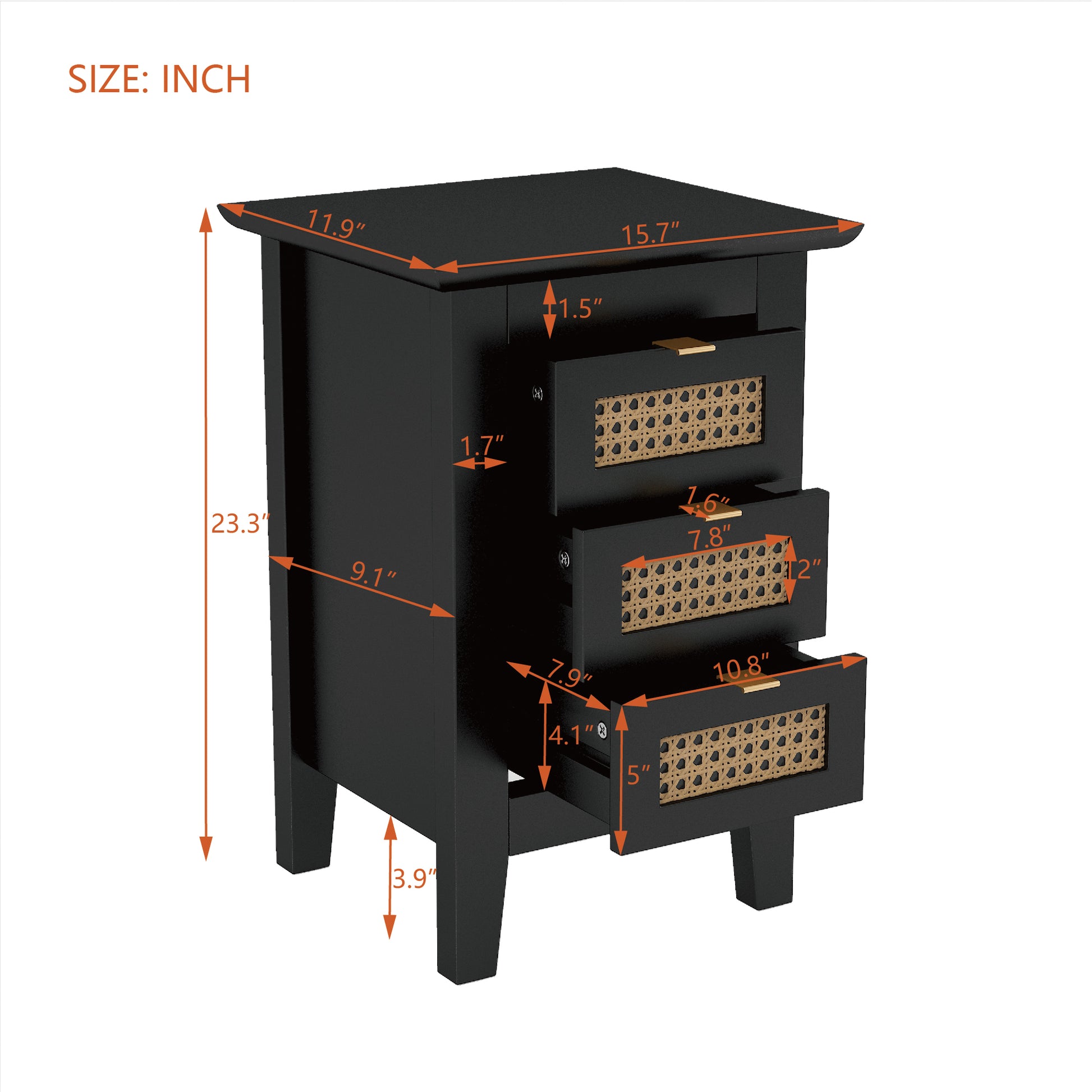 3 Pieces Bedroom Sets Queen Size Wooden Platform Bed With Natural Rattan Headboard, Nightstands Set Of 2 With Rattan Woven Surfaces And Three Drawers For Bedroom, Black Black Particle Board