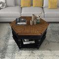 2 Tier Retro Hexagon Living Room Solid Wood Coffee Table With Shelf & Drawer, 36'' Mid Century Center Coffee Table For Living Room, Office. Black And Cherry Top Black Pine