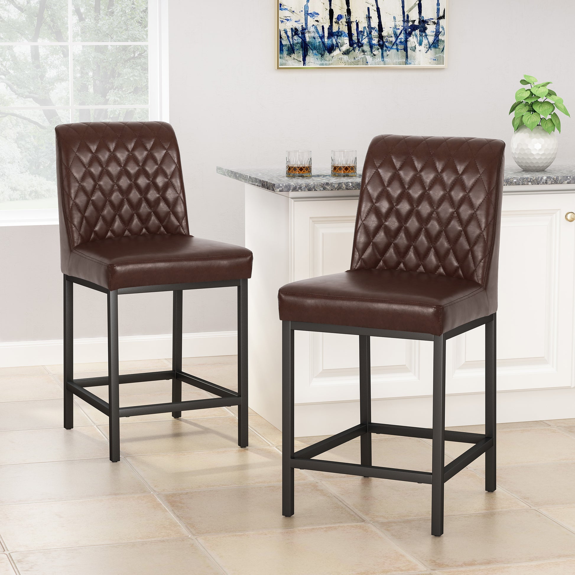 Counter Stool Set Of 2 Dark Brown Leather