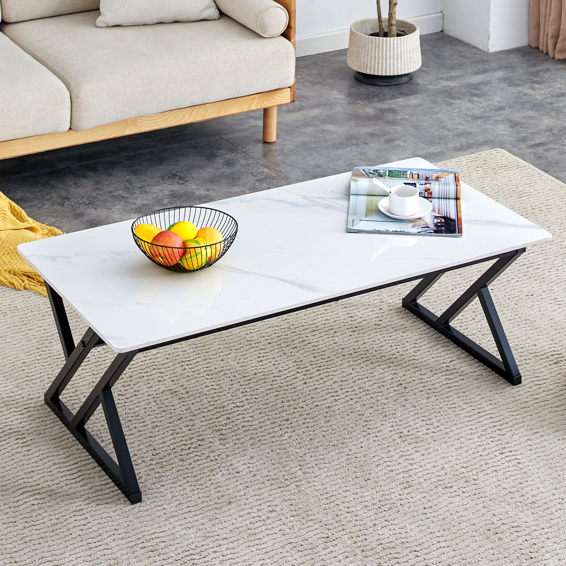 A Modern Minimalist Style White Marble Patterned Coffee Table With Black Metal Legs. Computer Desk. Game Table. Tea Table. Ct Xx White Black Sintered Stone