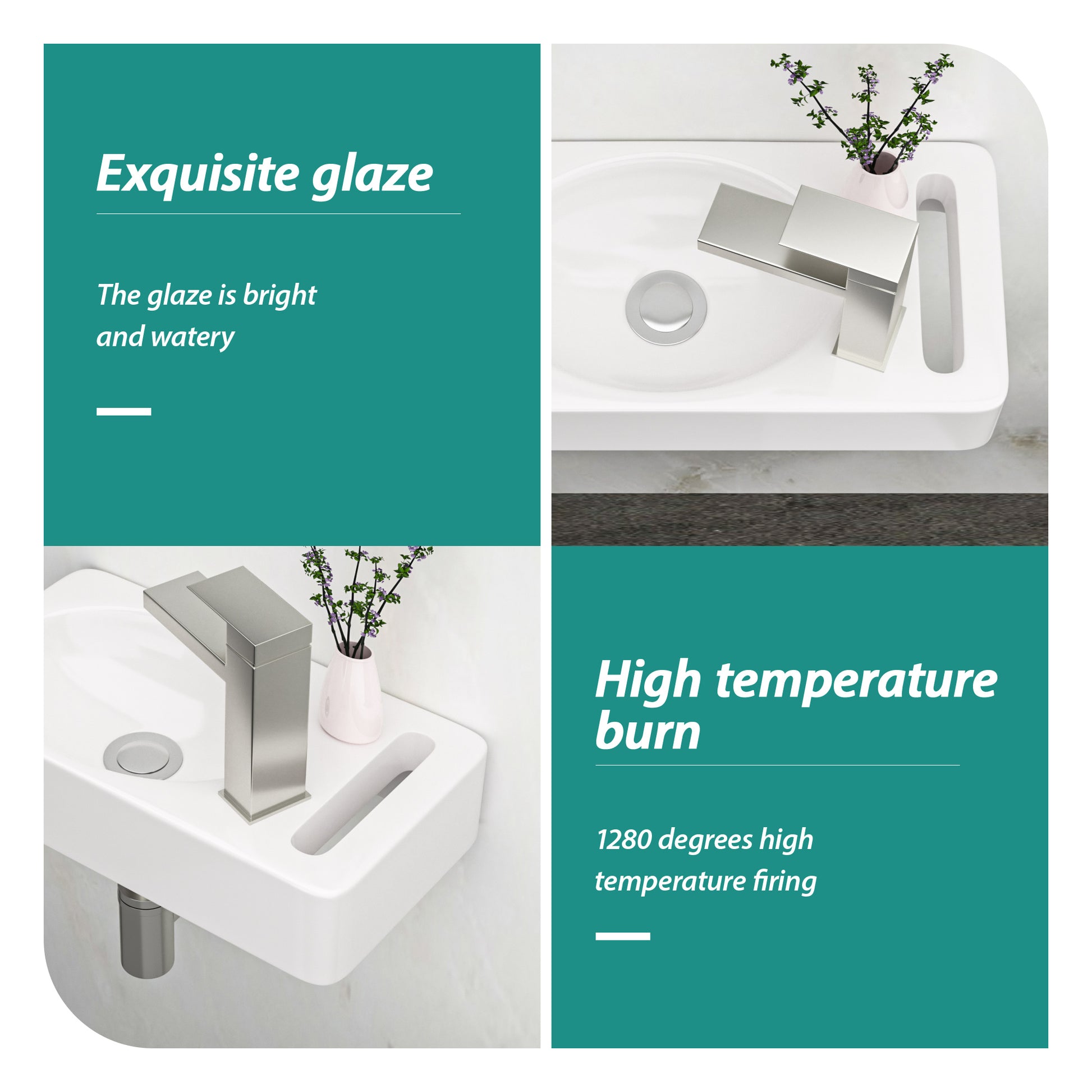 15.75X8.69 Inch White Ceramic Rectangle Wall Mount Bathroom Sink With Single Faucet Hole White Ceramic