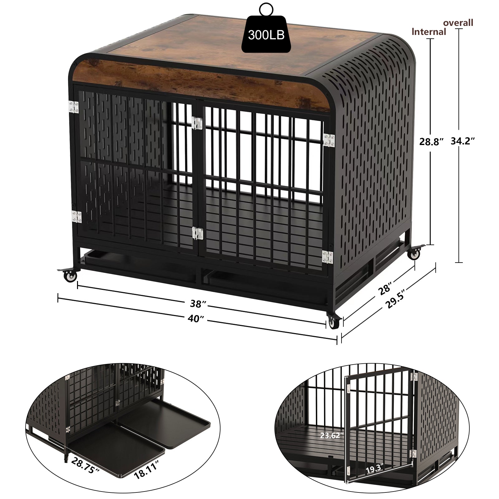 Heavy Duty Dog Crate Furniture Wooden Table Pet Dog Cage Kennel House Indoor Side End Table Decor With Removable Trays And Lockable Wheels For Medium And Large Dogs 40" Brown Brown Outdoor Kennel Medium 26 40 Lbs Mdf Steel