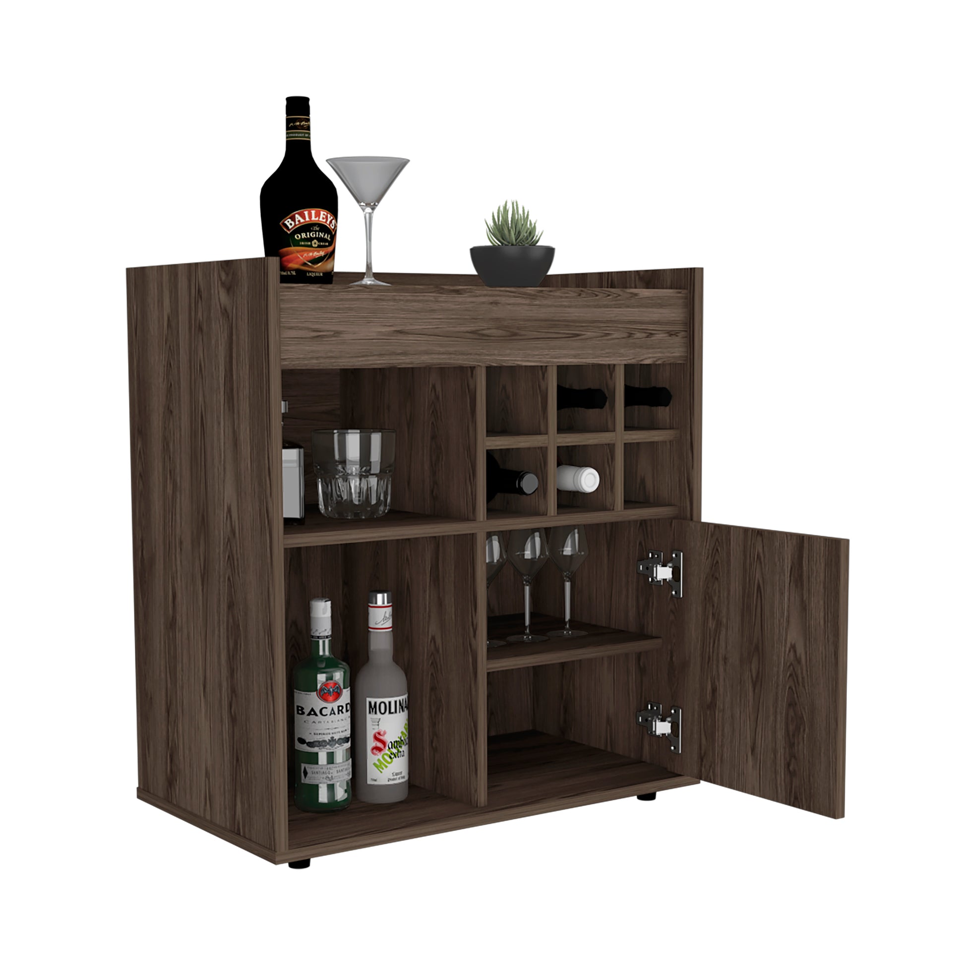 29" H Dark Walnut Bar Coffee Cart, Kitchen Or Living Room Cabinet Storage, With 6 Bottle Racks, A Central Shelf Covered By 1 Wood Door, Ideal For Storing Glasses And Snacks Brown Particle Board Particle Board