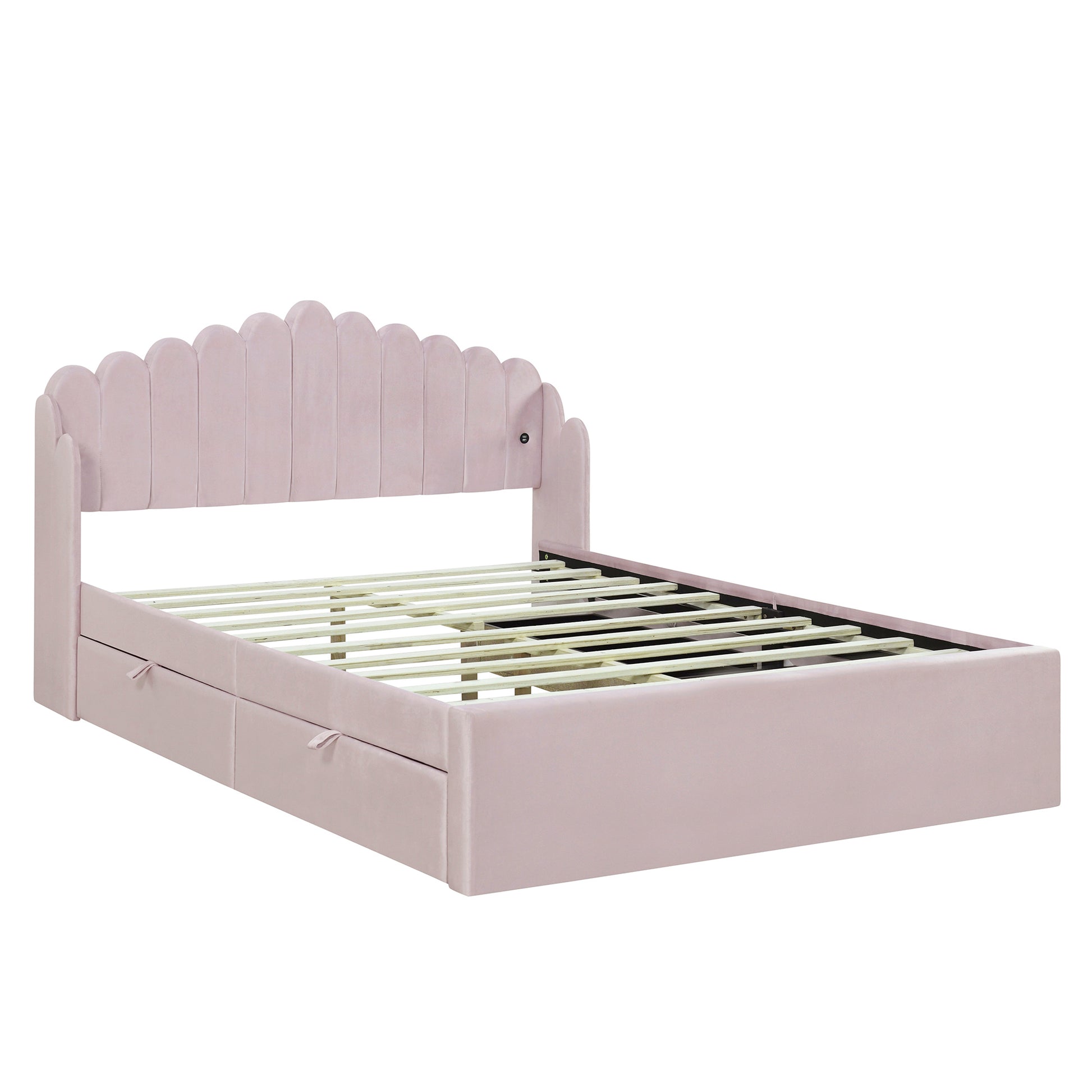 Queen Size Upholstered Platform Bed With 4 Drawers And 2 Usb, Pink Box Spring Not Required Queen Pink Wood Bedroom Bed Frame Polyester Upholstered