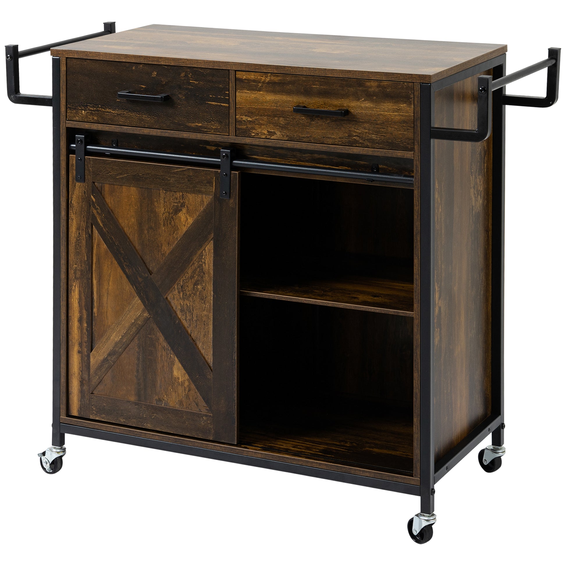 Homcom Industrial Kitchen Cart, Rolling Kitchen Island With Adjustable Shelf, Two Drawers, Sliding Barn Door Cabinet And Towel Rack, Rustic Brown Rustic Brown Steel