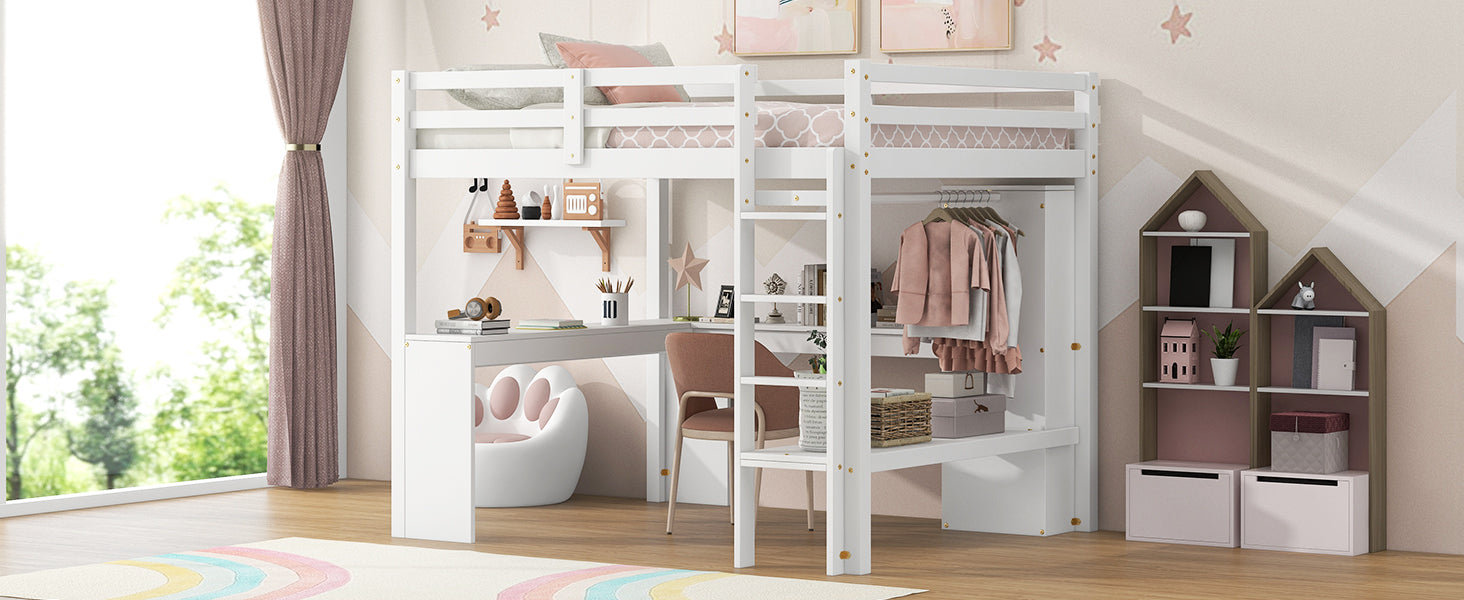 Full Size Loft Bed With L Shaped Desk, Wardrobe And Storage Shelves, White Expected Arrival Time: 8.31 Box Spring Not Required Full White Wood Bedroom Solid Wood Mdf