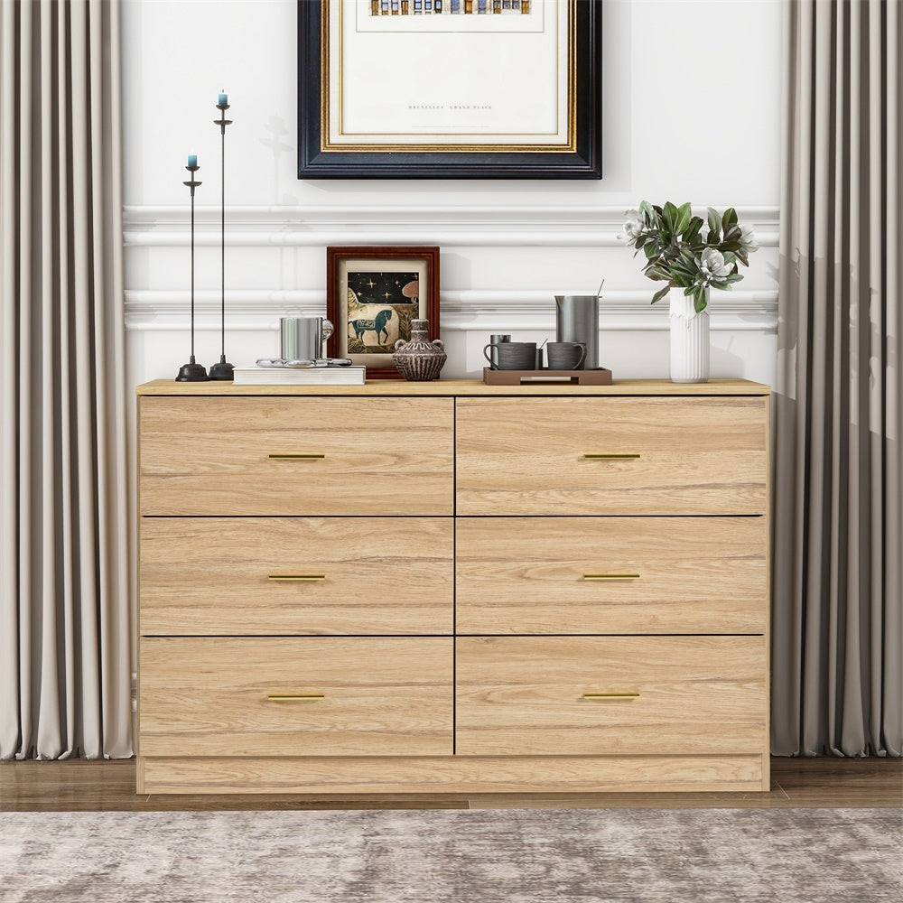 Modern Natural 6 Drawer Dresser For Bedroom Large Storage Wide Chest Of Drawers, Sturdy & Safe Chest 5 Or More Drawers Natural Natural Primary Living Space Drawers Included American Design,Contemporary,Modern Melamine Engineered Wood