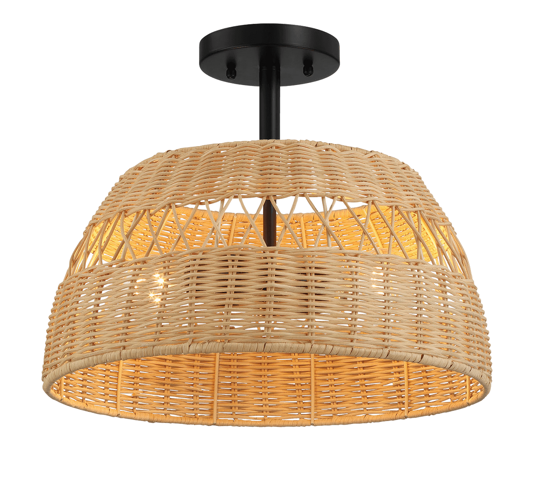 Twinkle Double Lights Semi Flush With Rattan Shade Black Metal Finish For Farmhouse Style Black,Rattan Metal,Rattan