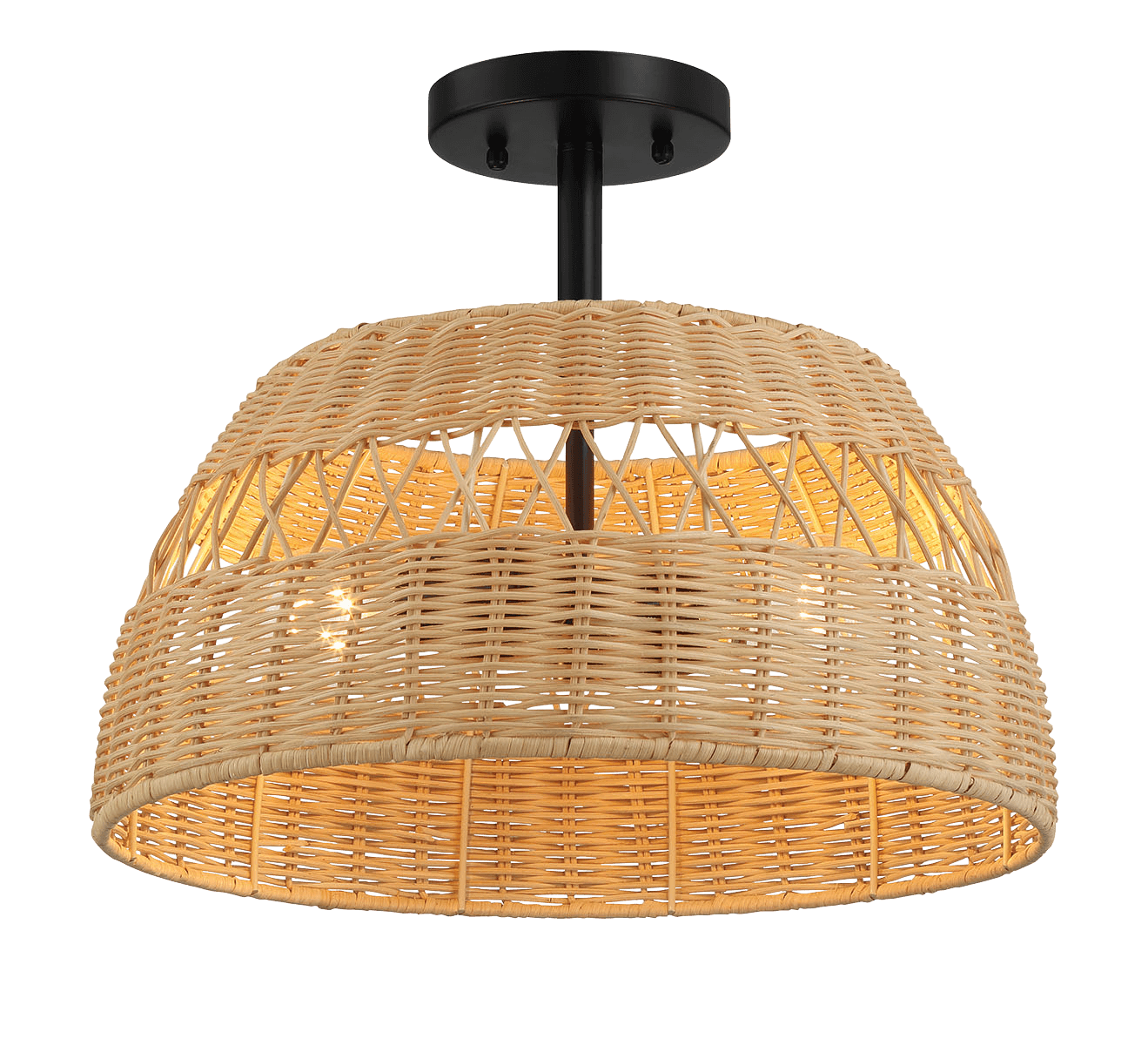 Twinkle Double Lights Semi Flush With Rattan Shade Black Metal Finish For Farmhouse Style Black,Rattan Metal,Rattan