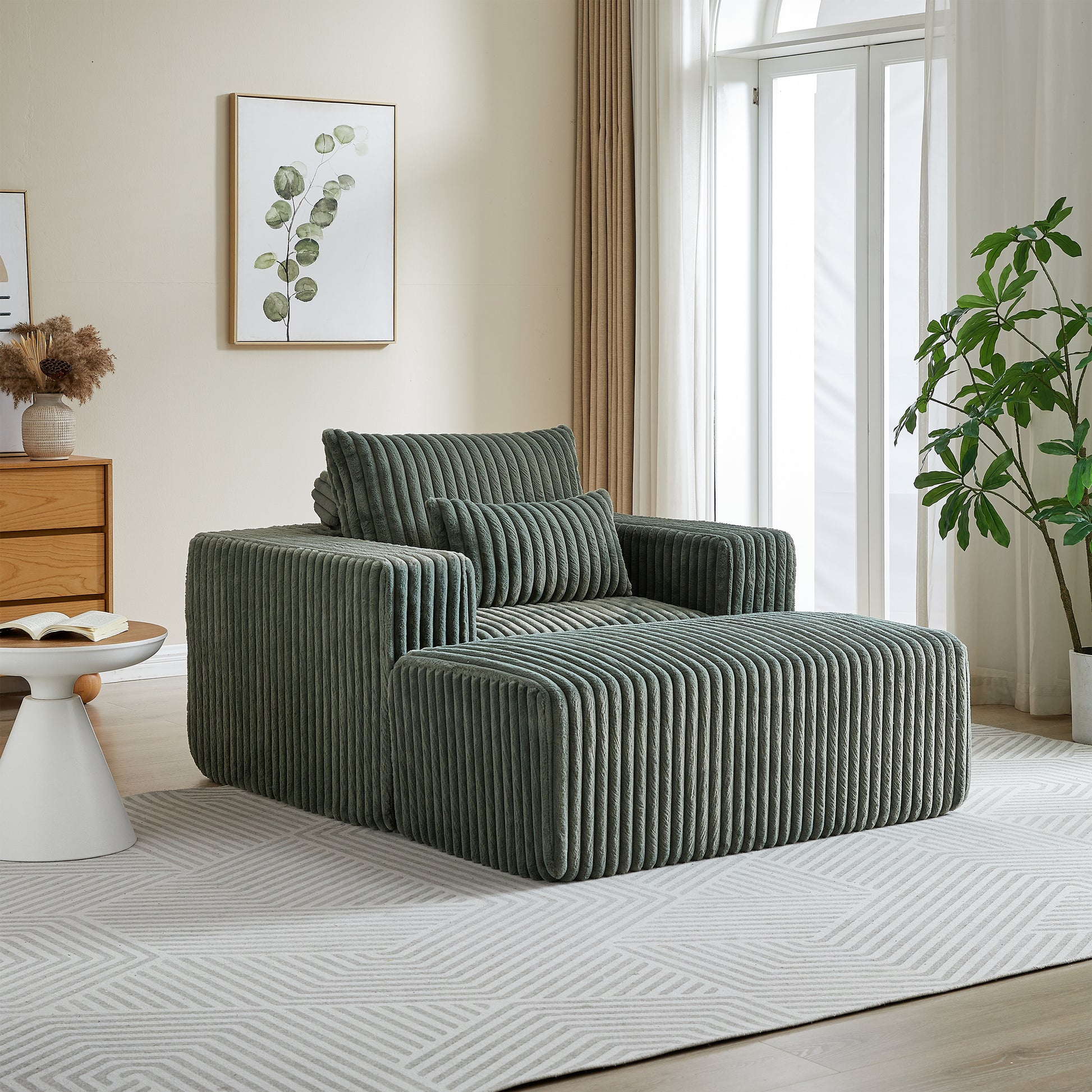 62.5 Inch Corduroy Sponge Sofa Lounge Chair With Removable Footrest,No Assembly Required,Fluffy Modern Sleeper Chair For Indoor Living Room Bedroom Army Green Foam Corduroy 1 Seat