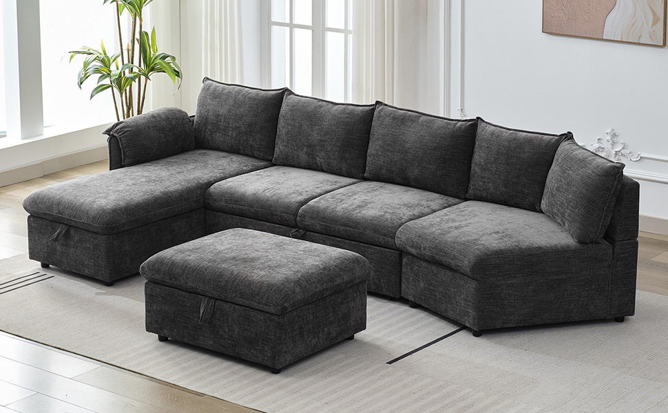 146.9" L Shaped Sofa Sectional Sofa Couch Pull Out Sofa Bed With A Movable Storage Ottoman, A Storage Chaise Lounge And Two Usb Ports For Living Room, Grey Grey Foam Linen 5 Seat