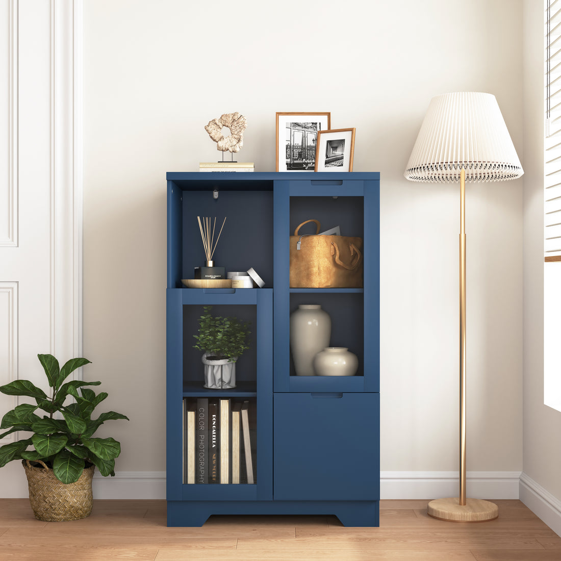 Wooden Floor Cabinet With 2 Glass Doors And 2 Storage Space,Blue Living Room Bathroom Entryway Blue Mdf