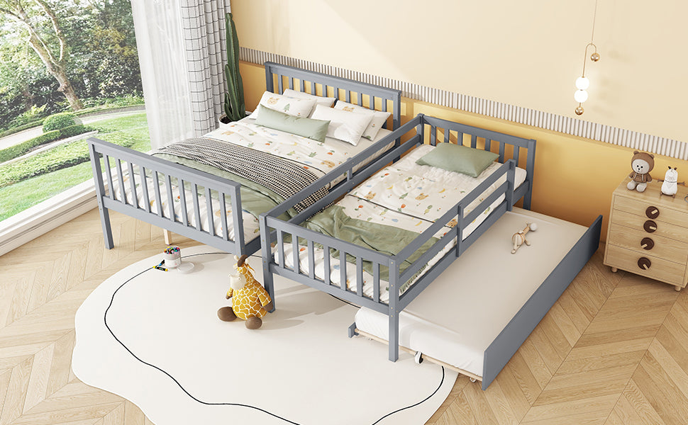 Twin Over Full Rubber Wood Bunk Bed With Trundle, Convertible Ladder And Guardrail, Detachable, Convertible Bed, With Twin Size Trundle ,Grey Twin Grey Rubber Wood