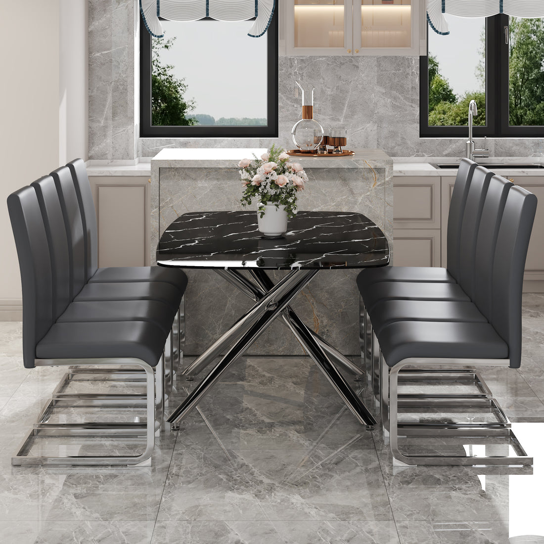 Table And Chair Set, Large Modern Minimalist Rectangular Dining Table, 0.39 Inch Black Imitation Marble Tabletop And Silver Metal Legs, Soft Leather Seats. F 1537 Silver Glass Metal