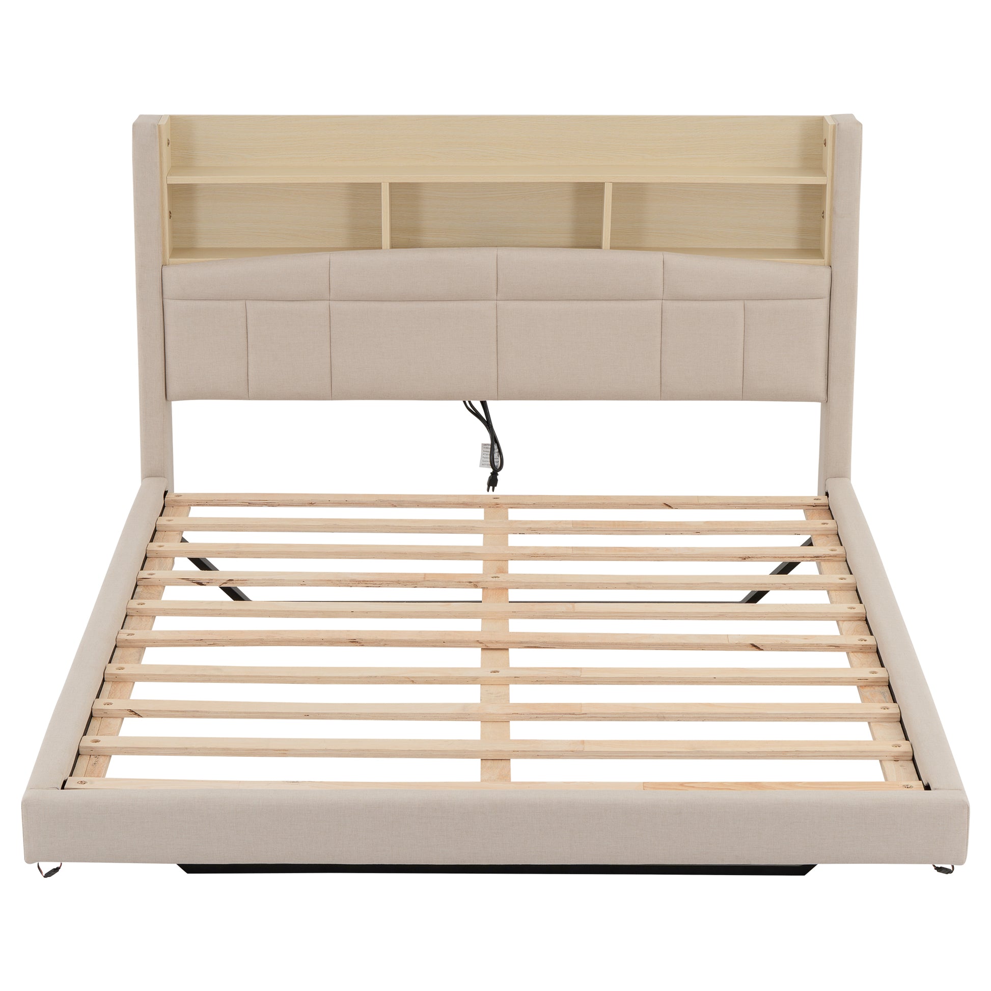 Queen Size Upholstered Floating Bed With Led And Storage Headboard, Beige Box Spring Not Required Queen Beige Wood Bed Frame Linen Upholstered