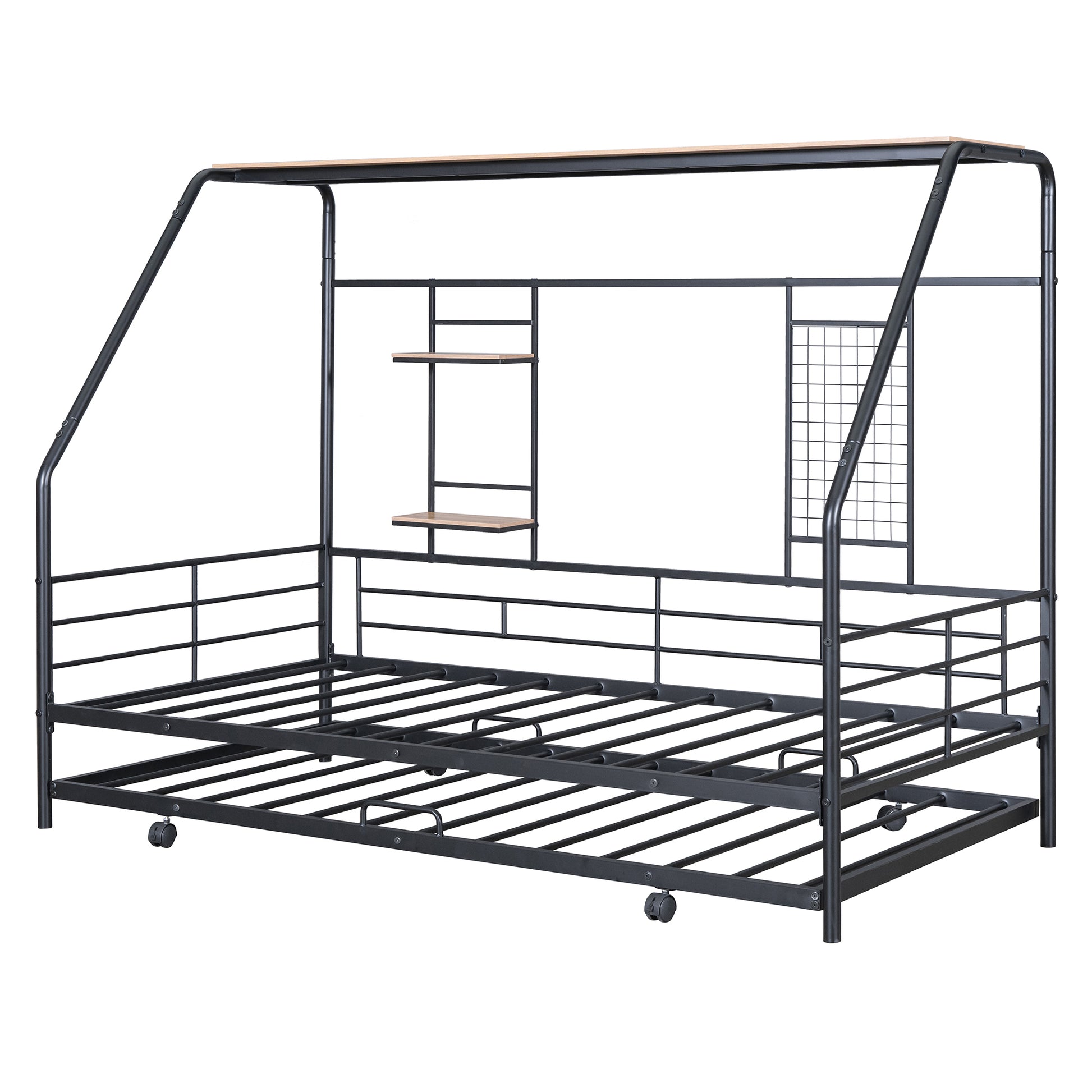 Twin Size Metal House Bed With Trundle, Black Twin Black Metal