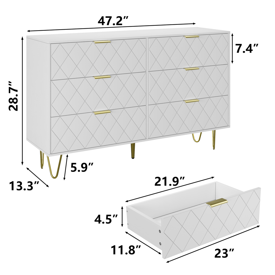 Modern White 6 Drawers For Bedroom,Big Size Wooden Drawers With Gold Handles, Chest Dresser With Deep Drawers For Living Room White Mdf