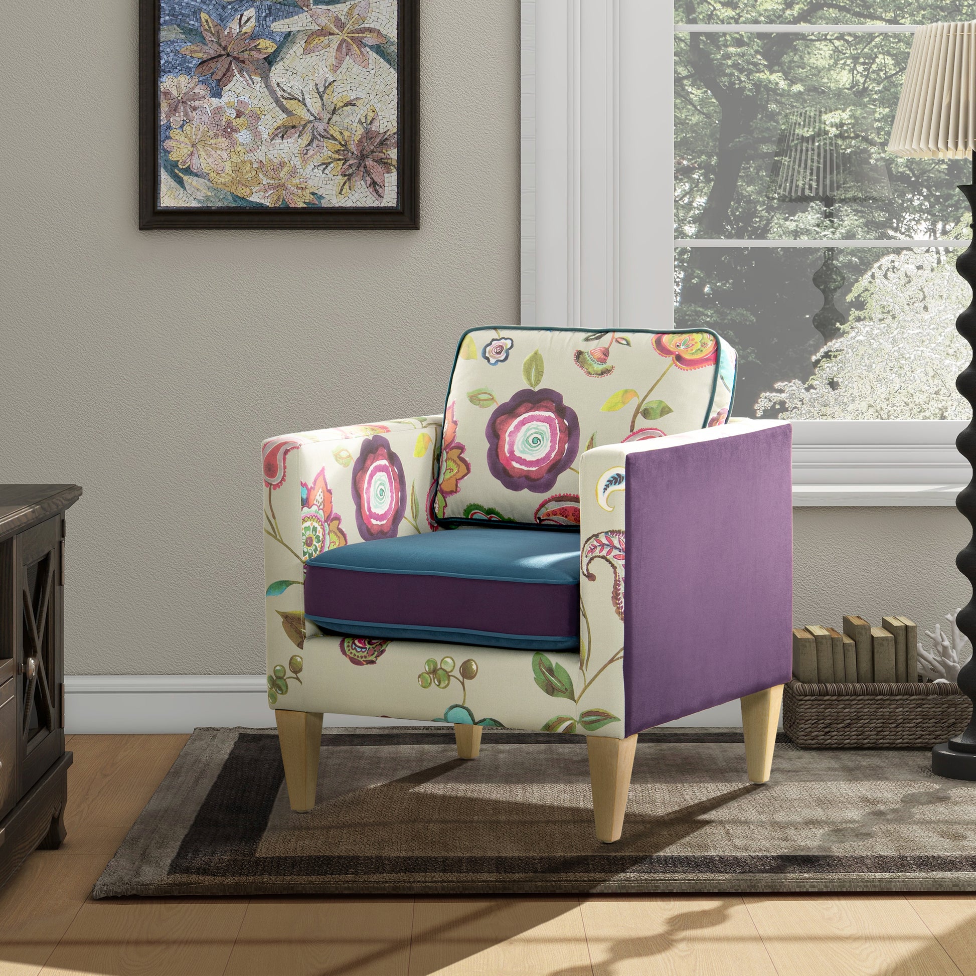 Mamba 28" Patchwork Accent Chair, Teal Blue Purple Velvet & Multicolored Floral Purple Foam Velvet