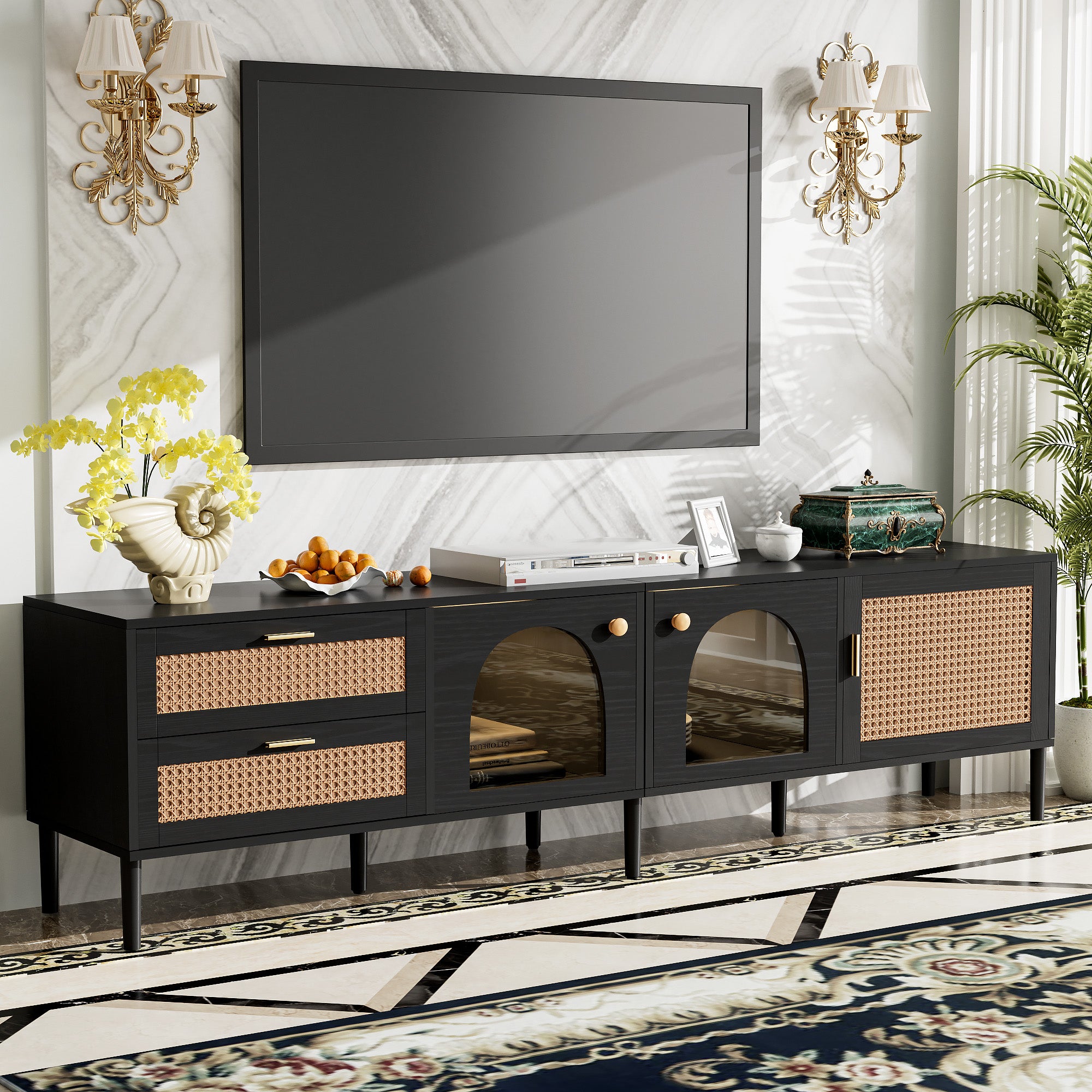 Rattan Tv Stand With 3 Cabinets & 2 Drawers, Rattan Inspired Media Console Table For Tvs Up To 80'', Led Light Entertainment Center, Tv Cabinet For Living Room, Bedroom, Home Theatre Black Primary