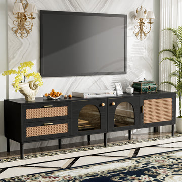 Rattan Tv Stand With 3 Cabinets & 2 Drawers, Rattan Inspired Media Console Table For Tvs Up To 80'', Led Light Entertainment Center, Tv Cabinet For Living Room, Bedroom, Home Theatre Black Primary