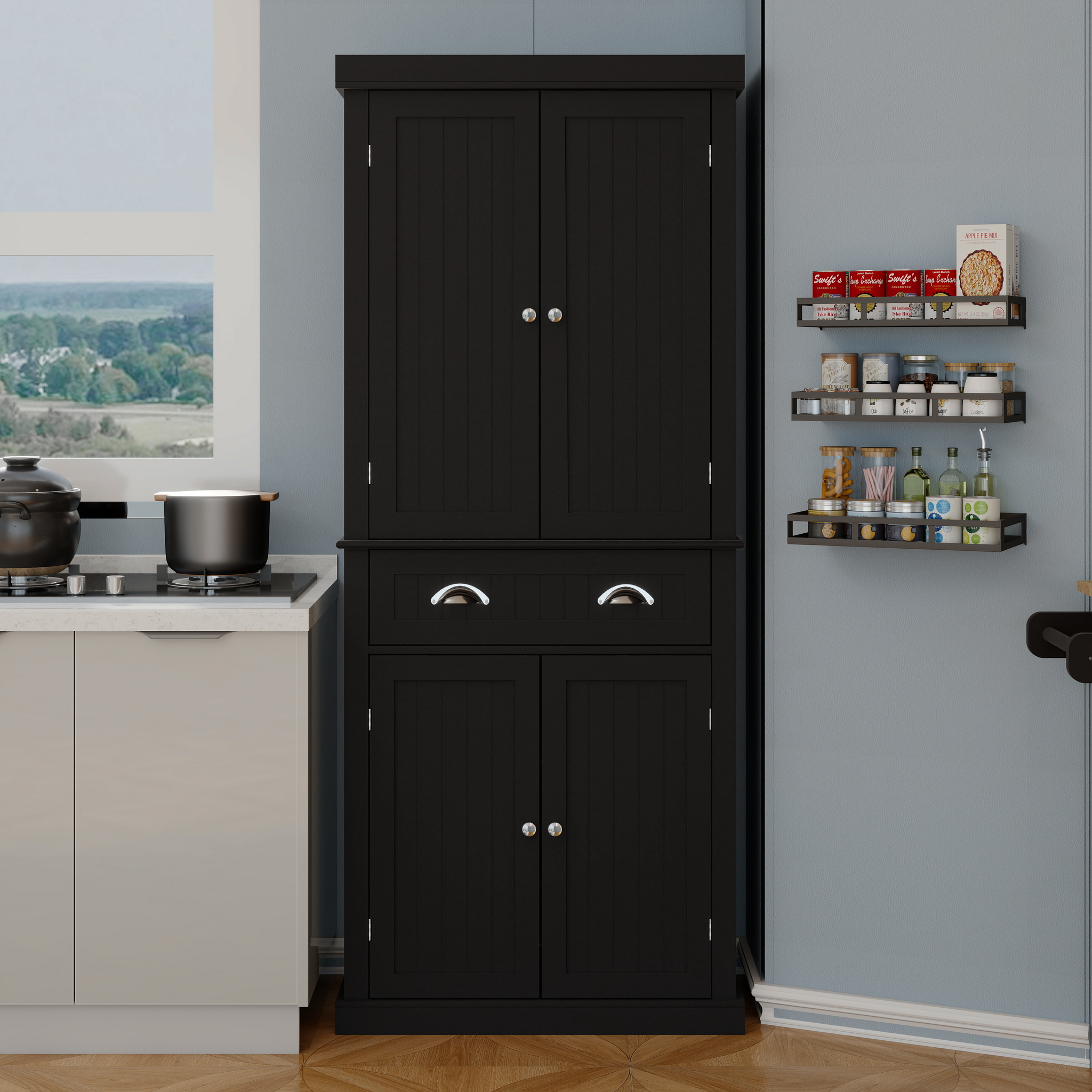 71" Kitchen Pantry Storage Cabinetwith 4 Doors, Drawer, 2 Adjustable Shelves, Freestanding Cupboard For Dining Room Living Room, Laundry Black Black Mdf