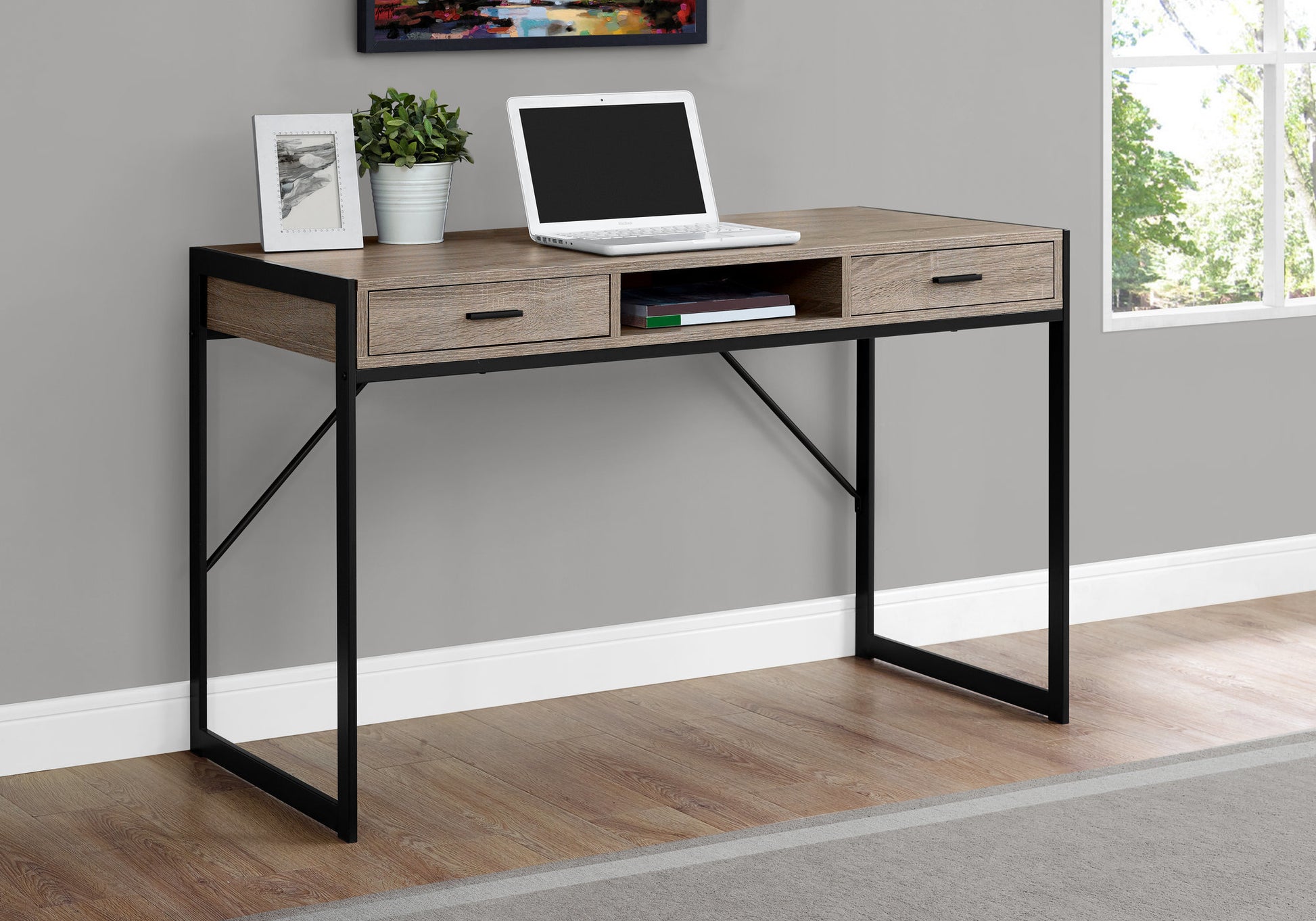 Computer Desk, Home Office, Laptop, Storage Drawers, 48"L, Work, Brown Laminate, Black Metal, Contemporary, Modern Taupe Mdf