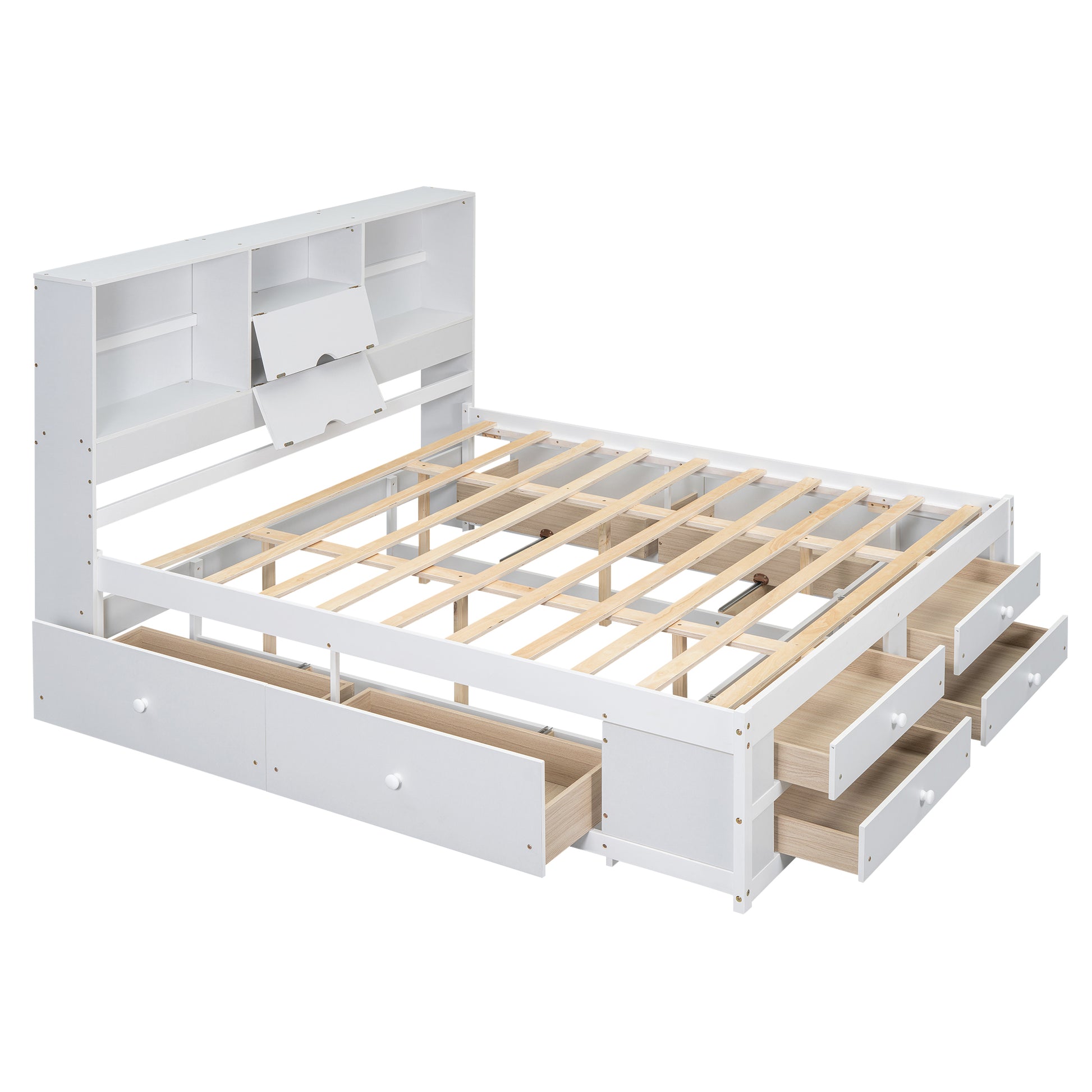 King Size Platform Bed With Storage Headboard And 8 Drawers, White Box Spring Not Required King White Wood Bedroom Bed Frame Solid Wood Mdf