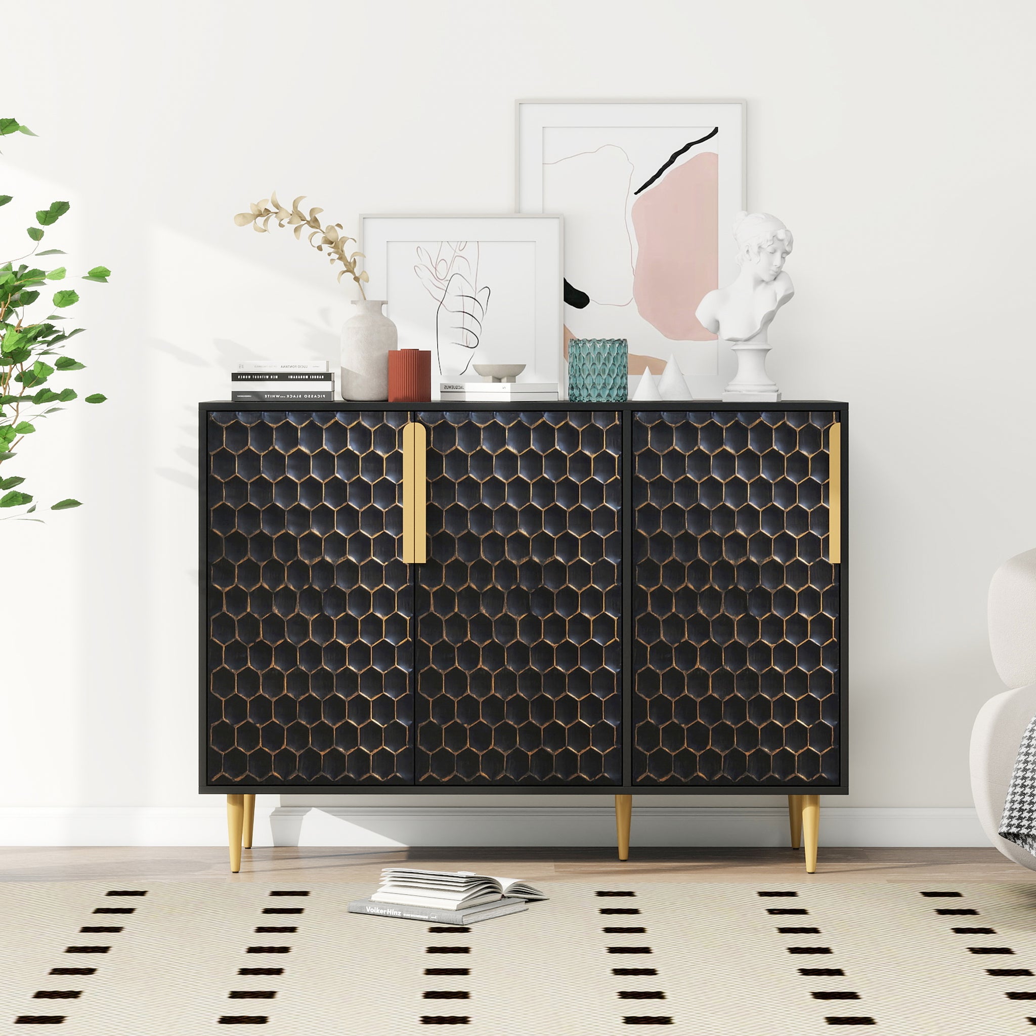 3 Door Storage Cabinet,Buffeet Sideboard With Adjustable Shelves,Honeycomb Seamless Hexagons Pattern Metal Door For Living Room,Dinging Room,Kitchen,Entrance Black Modern Iron,Particle Board Mdf