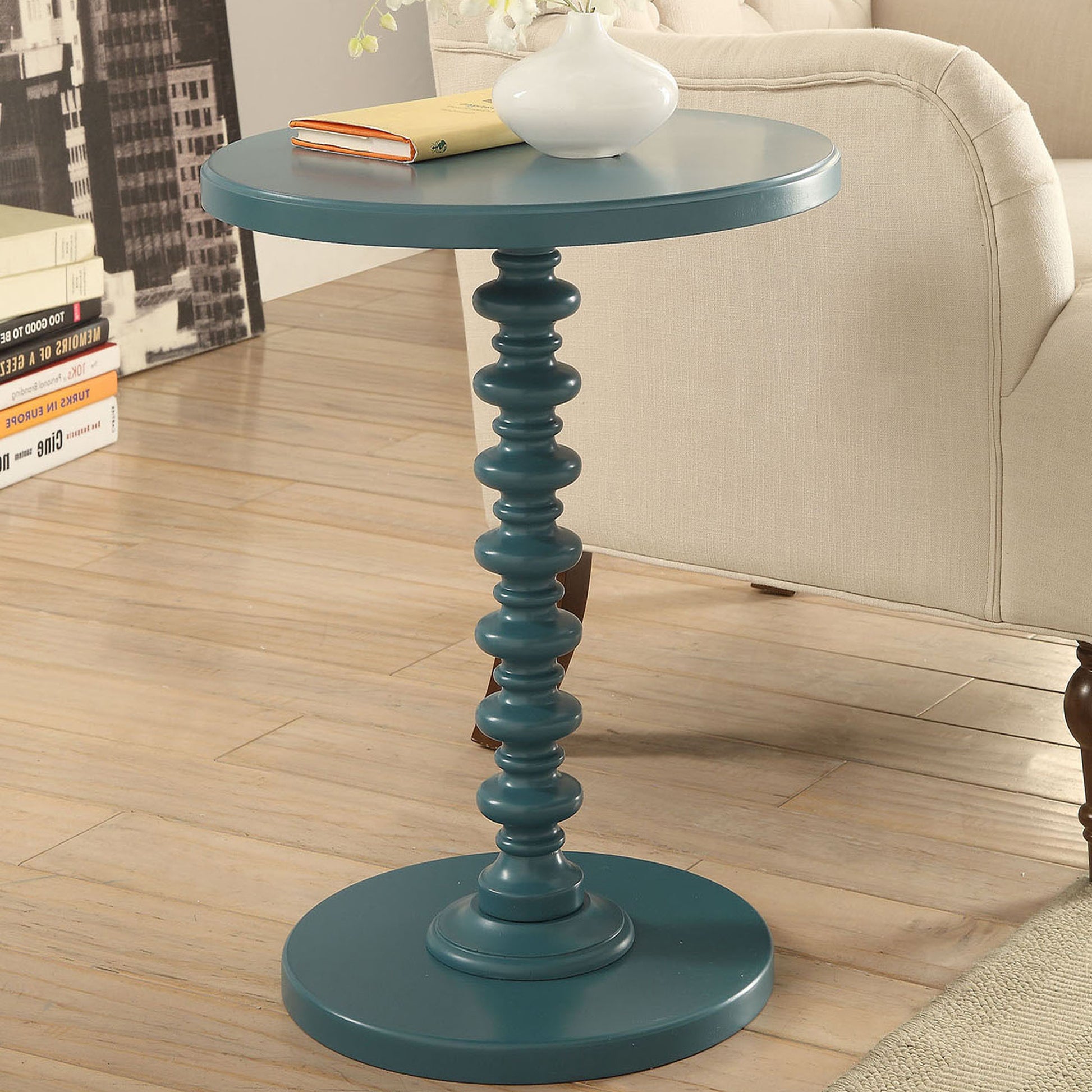 Teal Round Wooden Side Table Teal Primary Living Space Round Wood Pedestal