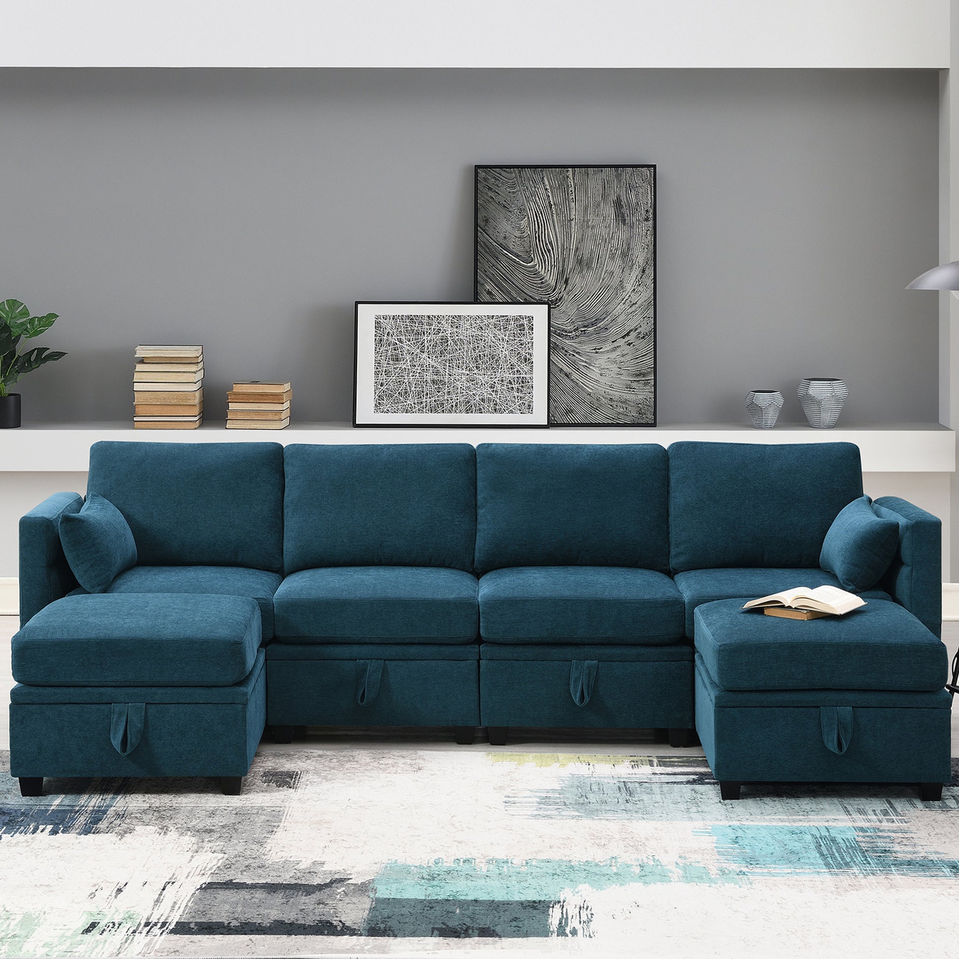 109*54.7" Chenille Modular Sectional Sofa,U Shaped Couch With Adjustable Armrests And Backrests,6 Seat Reversible Sofa Bed With Storage Seats For Living Room, Apartment,2 Colors Blue Chenille 6 Seat