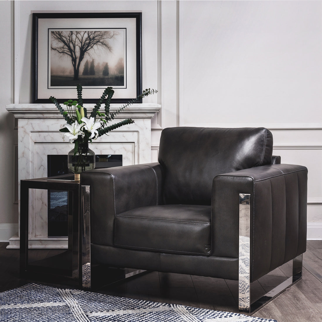 Modern Leather Metal Leg Chair Charcoal Grey Leather