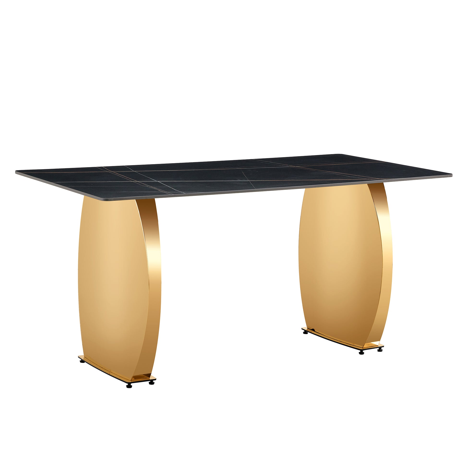 Table And Chair Set,Modern Rectangular Table With 0.4 Inch Black Patterned Tabletop And Gold Legs, Suitable For Kitchen, Dining Room, And Living Roomcomfortable Pu Seats,Perfect For Dinner, Meet Black Seats 6 Sintered Stone