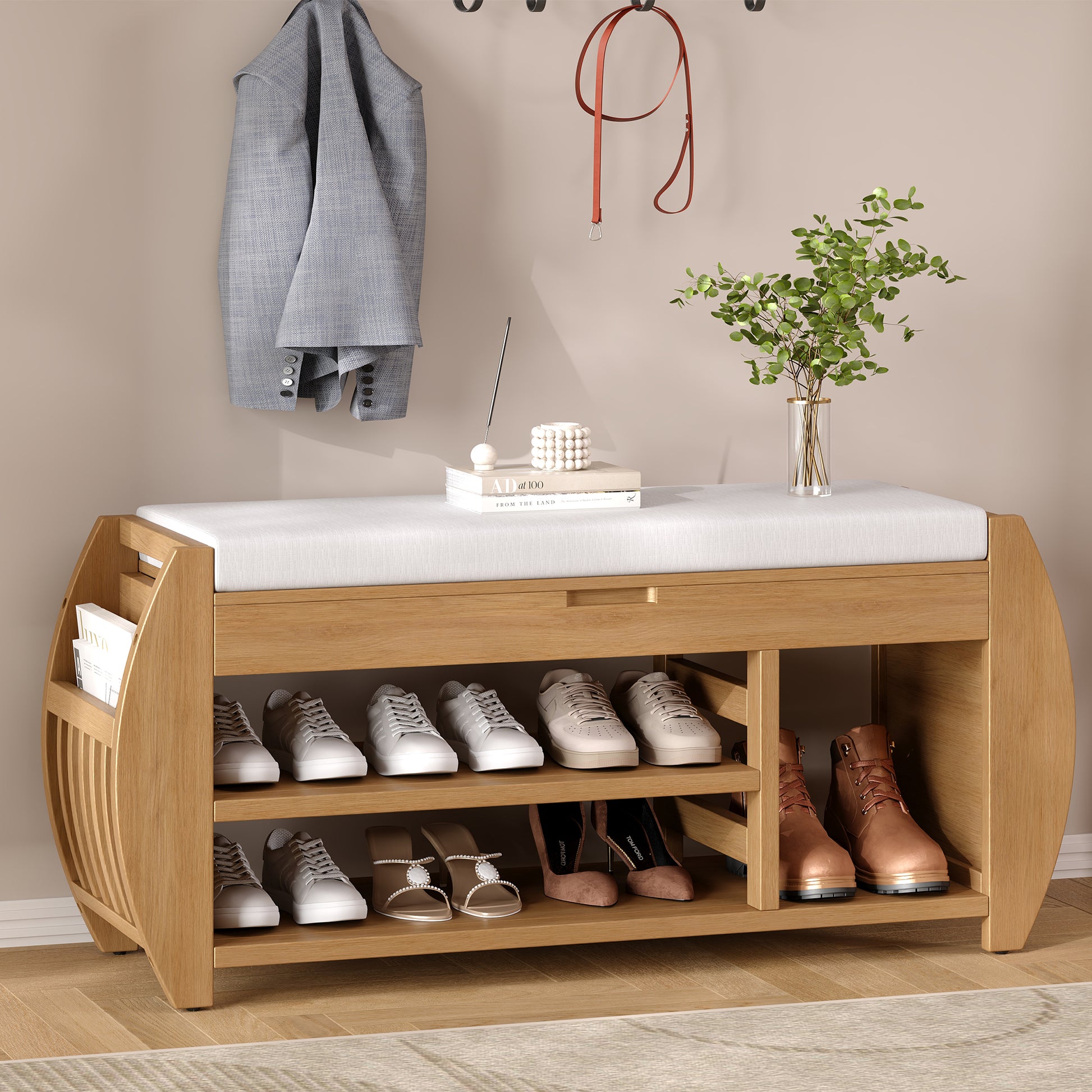 Retro Multifunctional Storage Bench With Cushion And Curved Side Panel For Entrance And Living Room Natural Natural Mdf