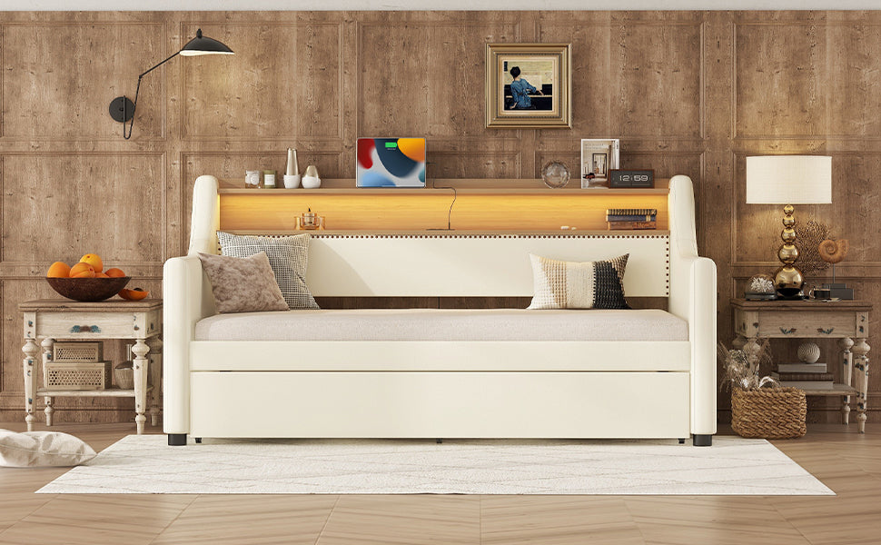 Twin Size Daybed With Trundle, Upholstered Daybed With Charging Station And Led Lights, White Expect Arrive Date:May 20Th. Twin White Pu Leather