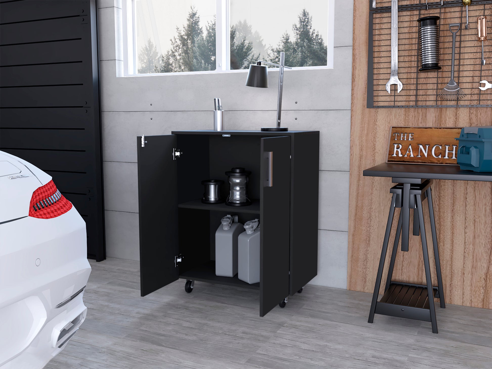 Lewis Storage Cabinet Base, Four Caster, Double Door Cabinet, Two Interior Shelves Black Kitchen Contemporary Melamine Engineered Wood