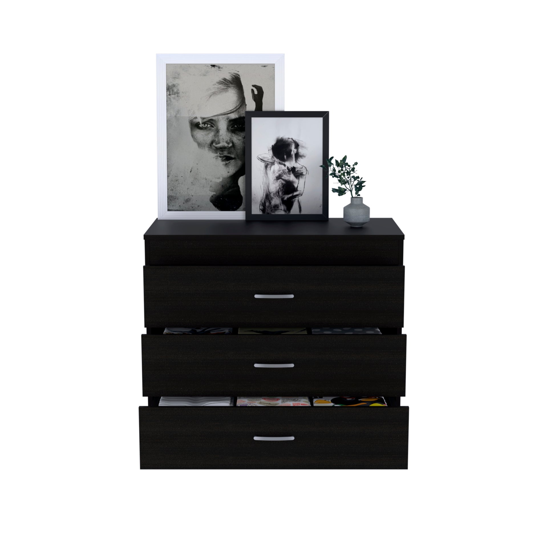 Cambridge Three Drawers Dresser Black Bedroom Modern Pine Melamine Engineered Wood