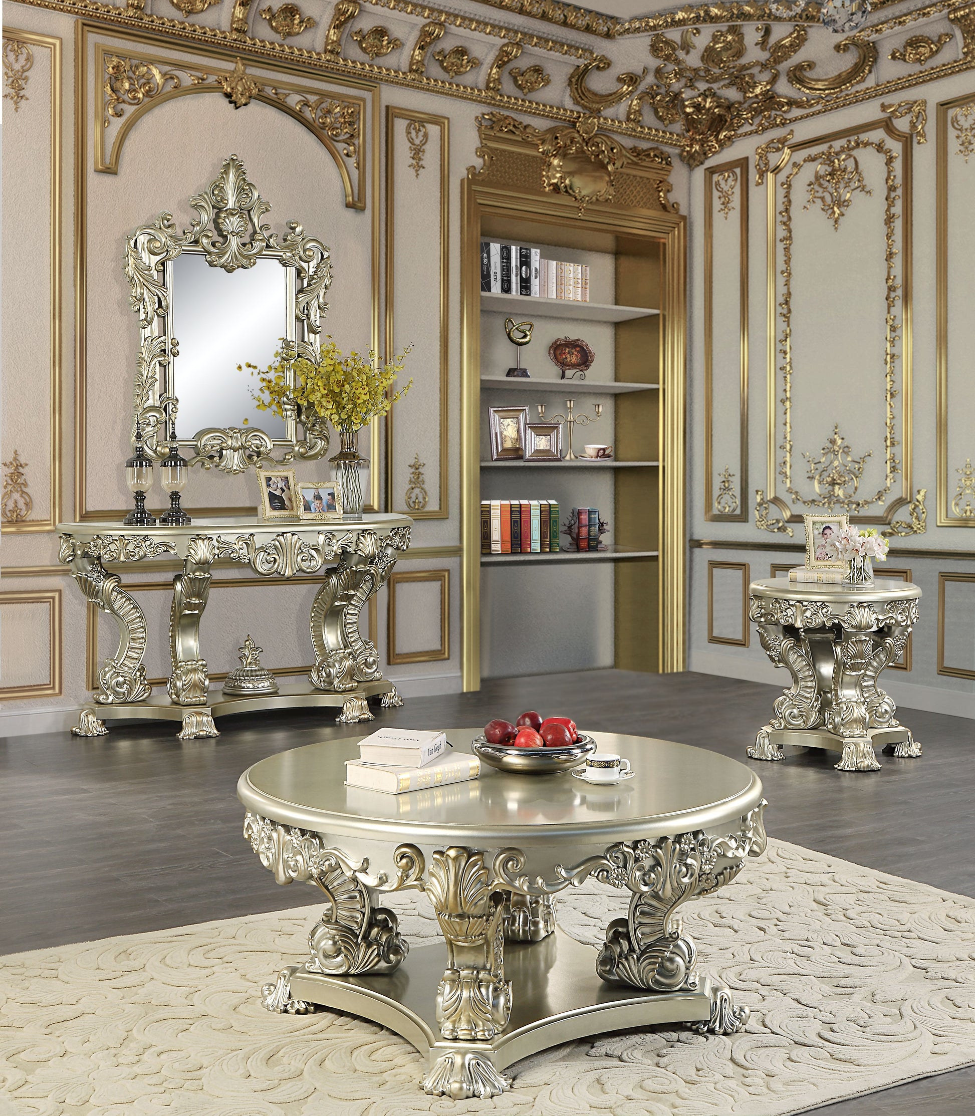 Antique Gold End Table With Floral Legs Antique Gold Primary Living Space Round Wood Plastic Pedestal