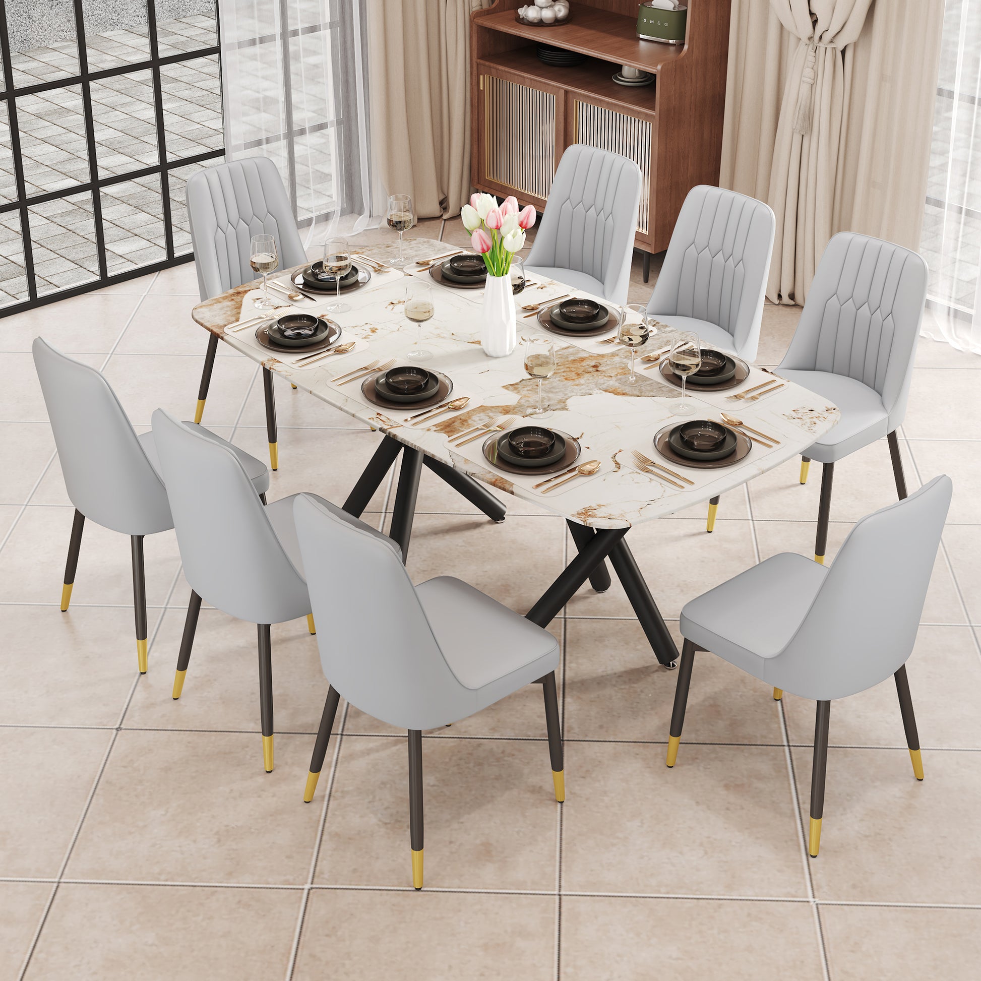 1 Table And 8 Chairs Set.A Rectangular Dining Table With A 0.39 Inch Imitation Marble Tabletop And Black Metal Legs.Paired With 8 Chairs With Pu Leather Seat Cushion And Black Metal Legs.F 1538,C 007 Black Glass Metal