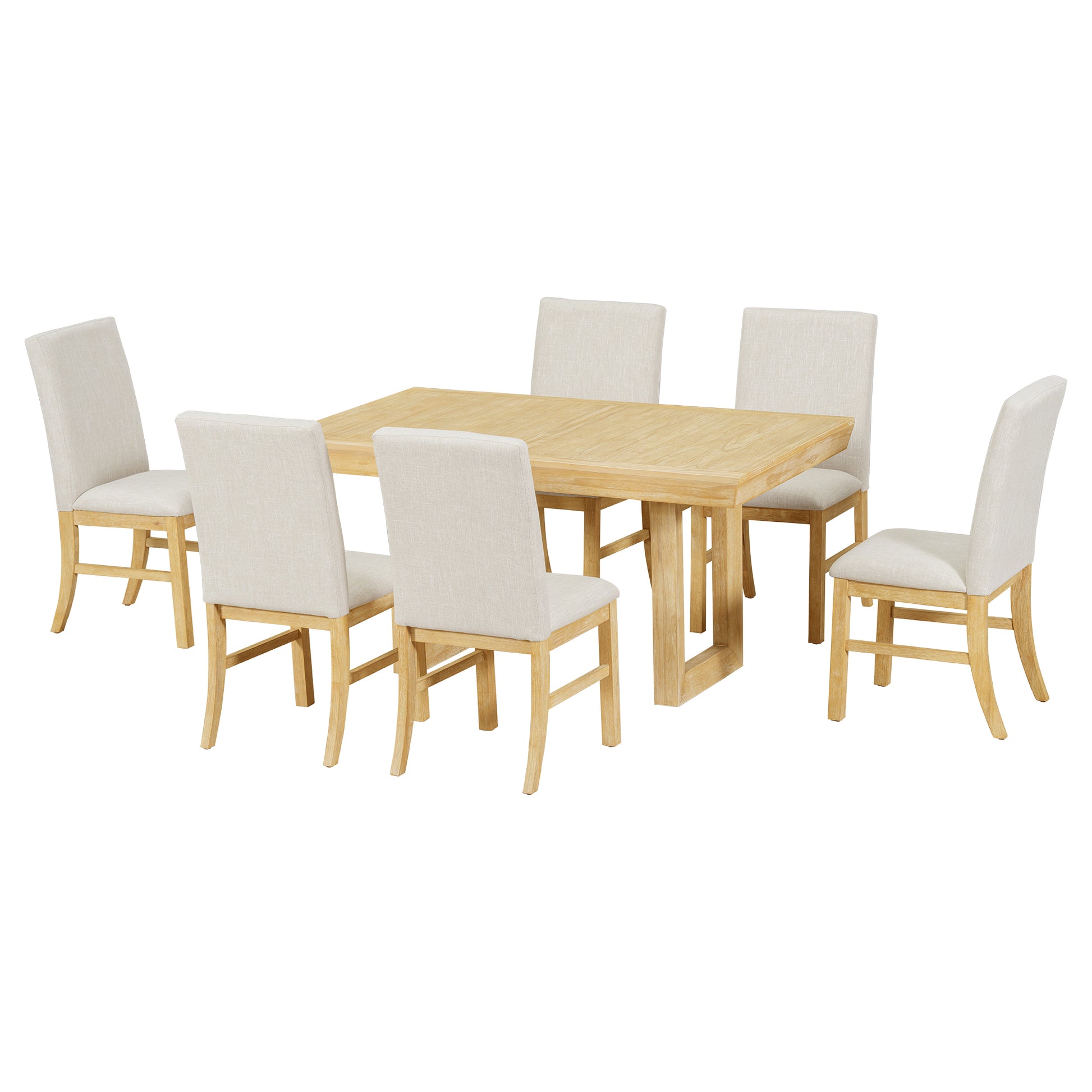 Traditional 7 Piece 72" Extendable Dining Table Set With 12Inch Butterfly Leaf And 6 Upholstered Dining Table Set, Natural Wood Dining Room Distressed Finish Rubberwood Rectangular Dining Table With Chair Wood Wood Natural Seats 6 72 Inches Butterfly