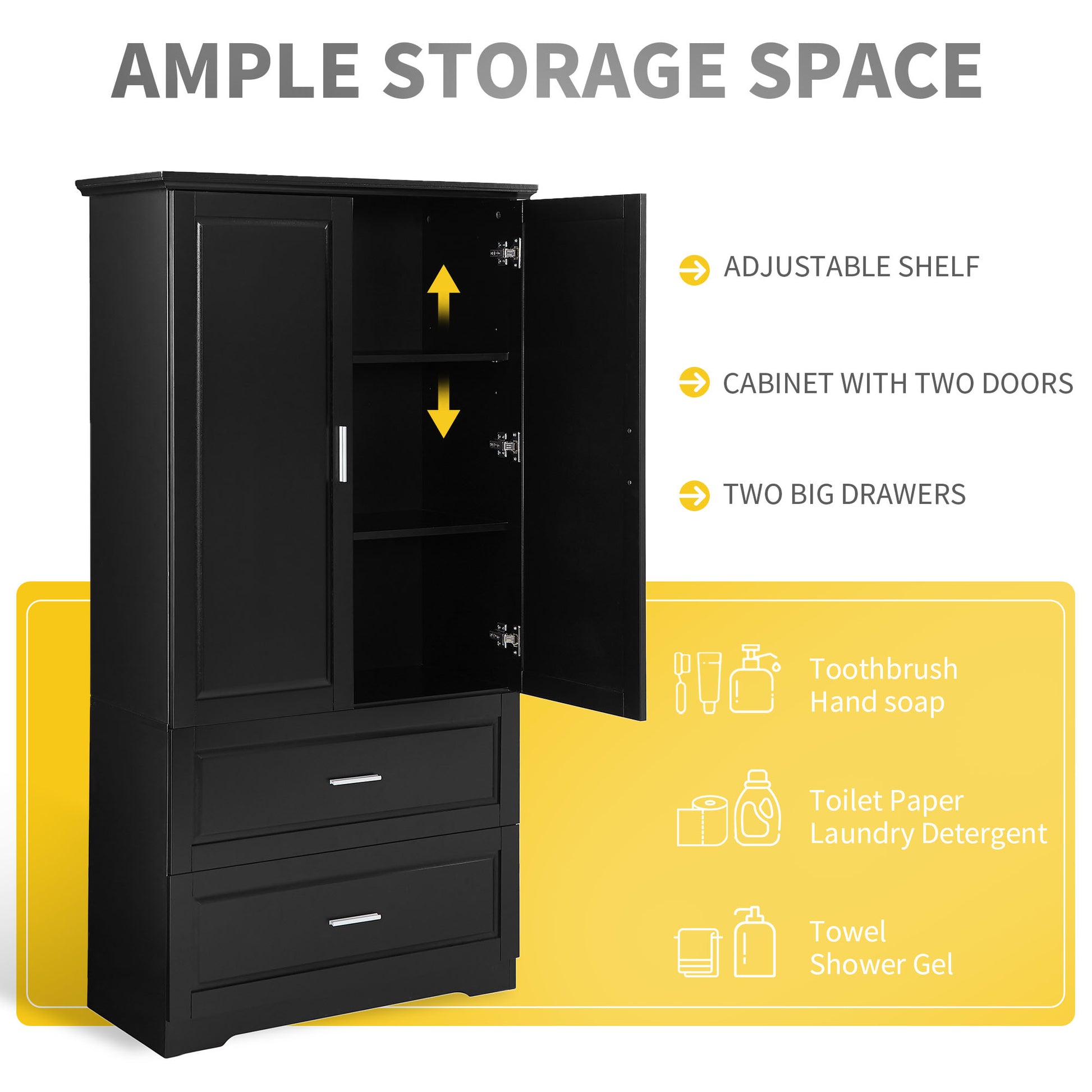 Tall Bathroom Storage Cabinet, Cabinet With Two Doors And Drawers, Adjustable Shelf, Mdf Board, Black Black Mdf