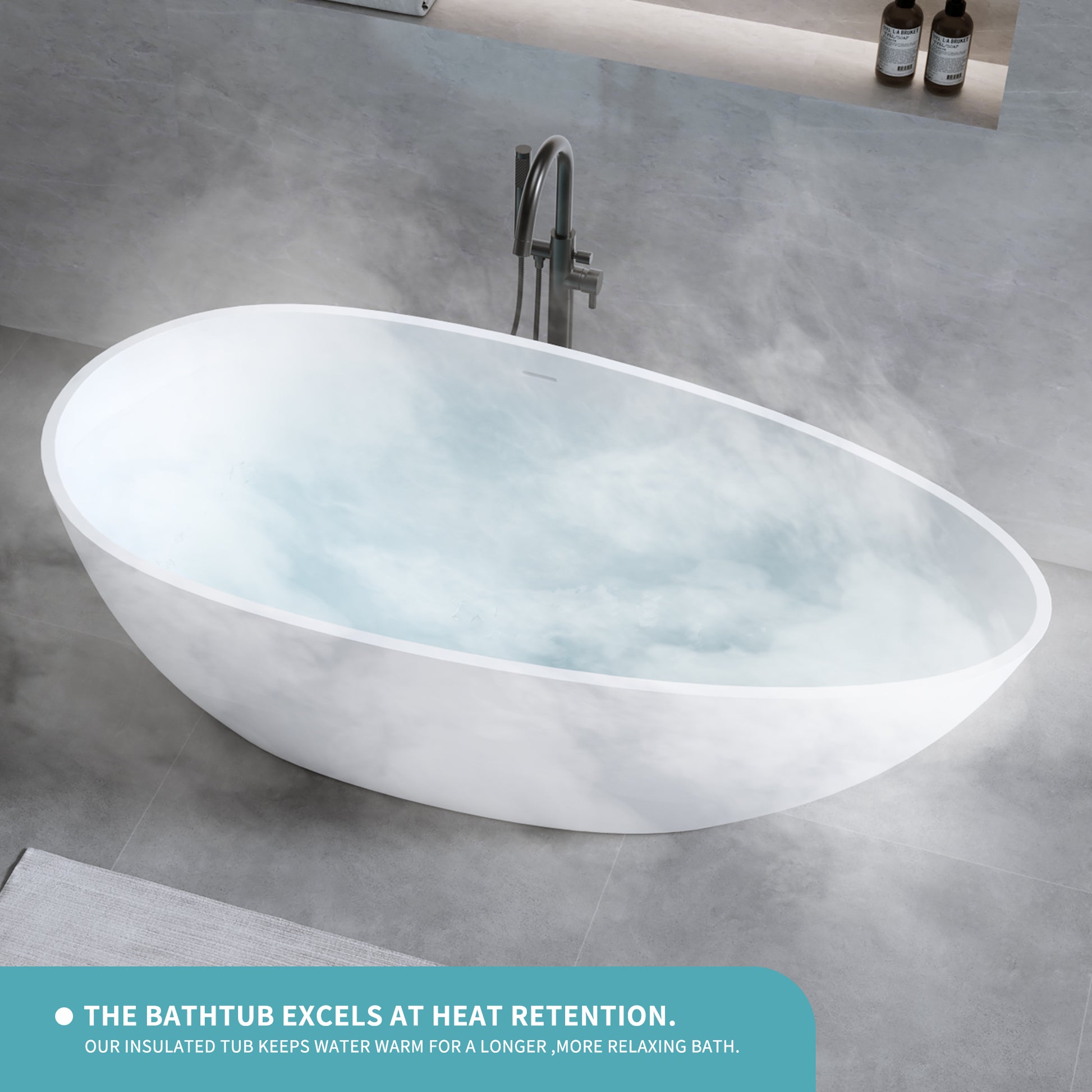 59'' Solid Surface Matte Tub, Freestanding Solid Surface Resin Stone Bathtub, Solid Surface Matte White Soaking Tub,Free Standing Tub With Overflow And Pop Up Drain, Matte White Matte White Oval Bathroom Freestanding Tubs Matte 59 61 In Soaking Center