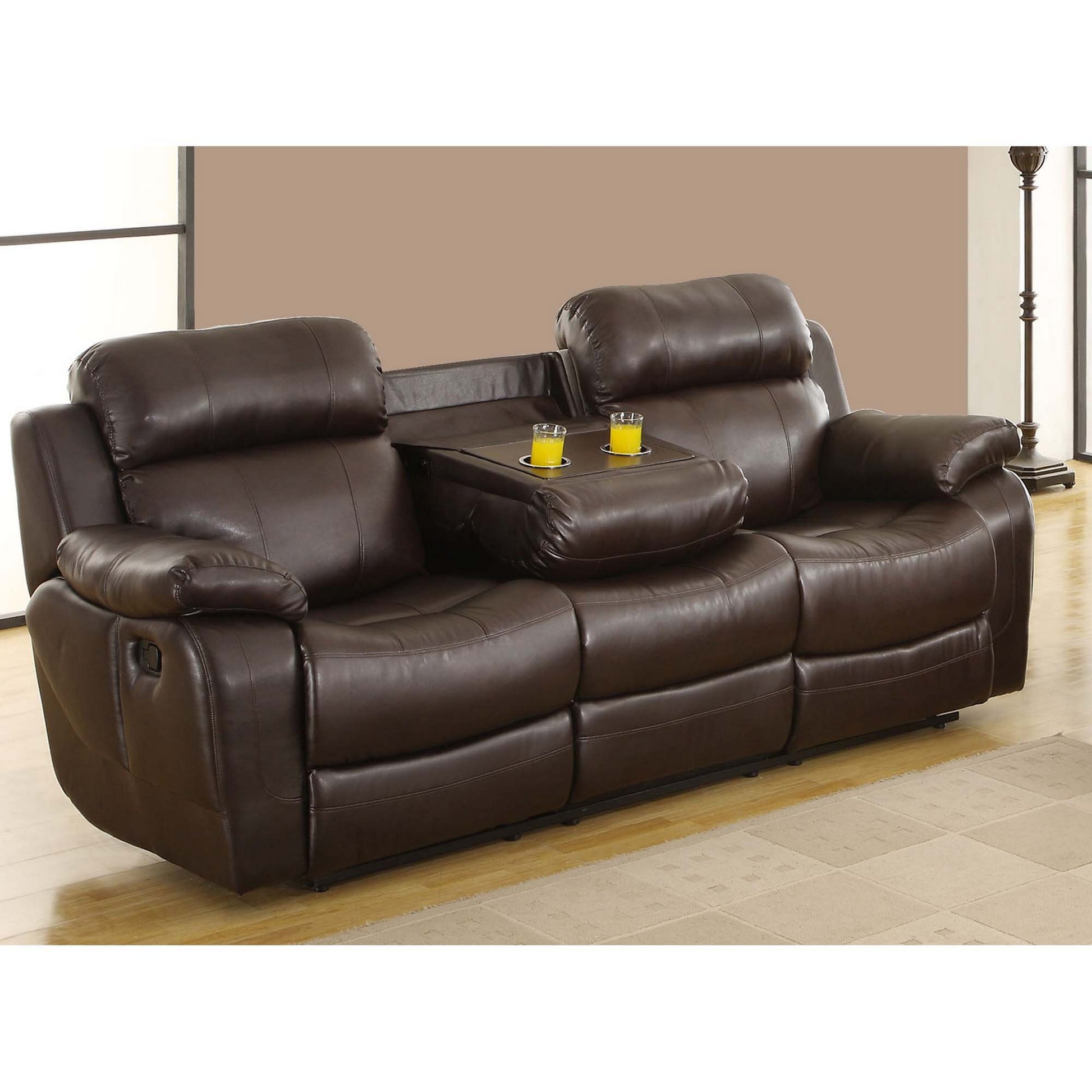 Leather Reclining Three Seater Sofa With Center Drop Down Cup Holder, Brown Brown Leather