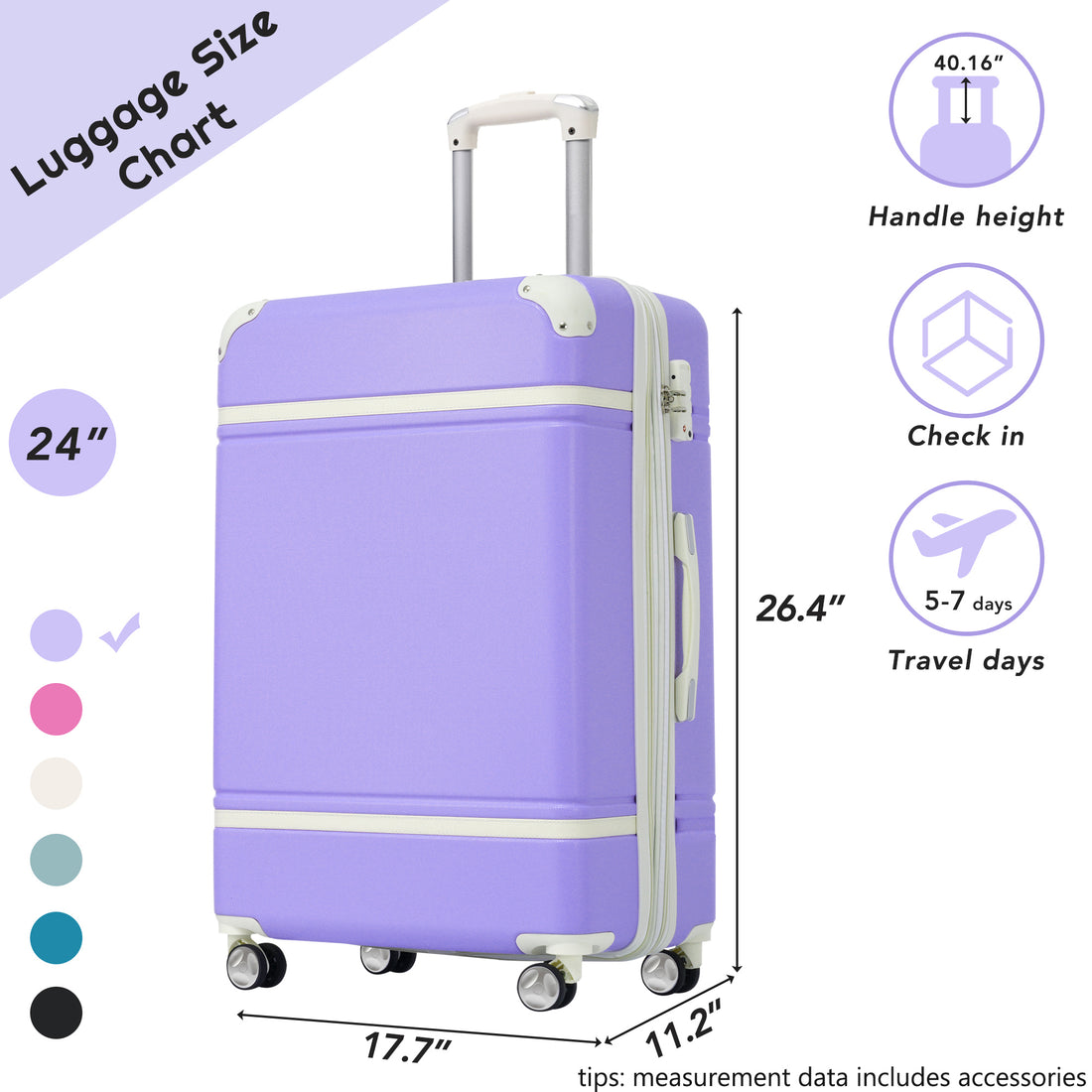 Hardshell Luggage With Tsa Lock24" Expandable Lightweight Suitcase With Spinner Wheels, Single Vintage Luggage,Purple Purple Abs