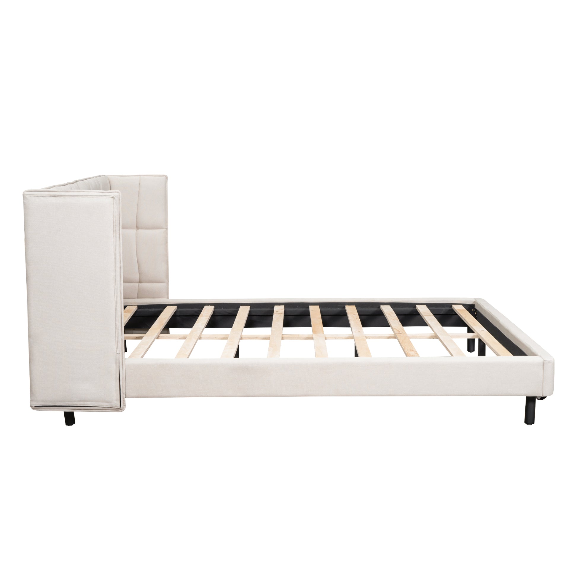 Queen Size Upholstered Platform Bed With Led Lights And U Shaped Headboard, Linen Fabric, Beige Queen Beige Wood Metal