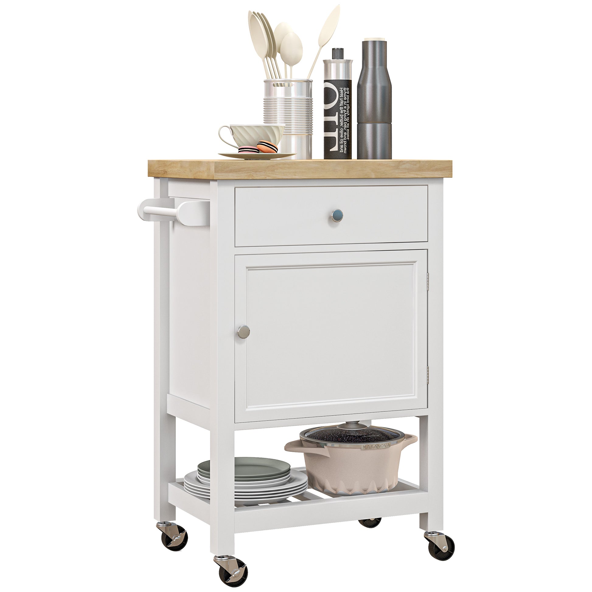 Homcom Utility Kitchen Cart, Rolling Kitchen Island With Smooth Rubberwood Top, Narrow Butcher Block Surface On Wheels With Storage Drawer & Cabinet, White White Engineered Wood