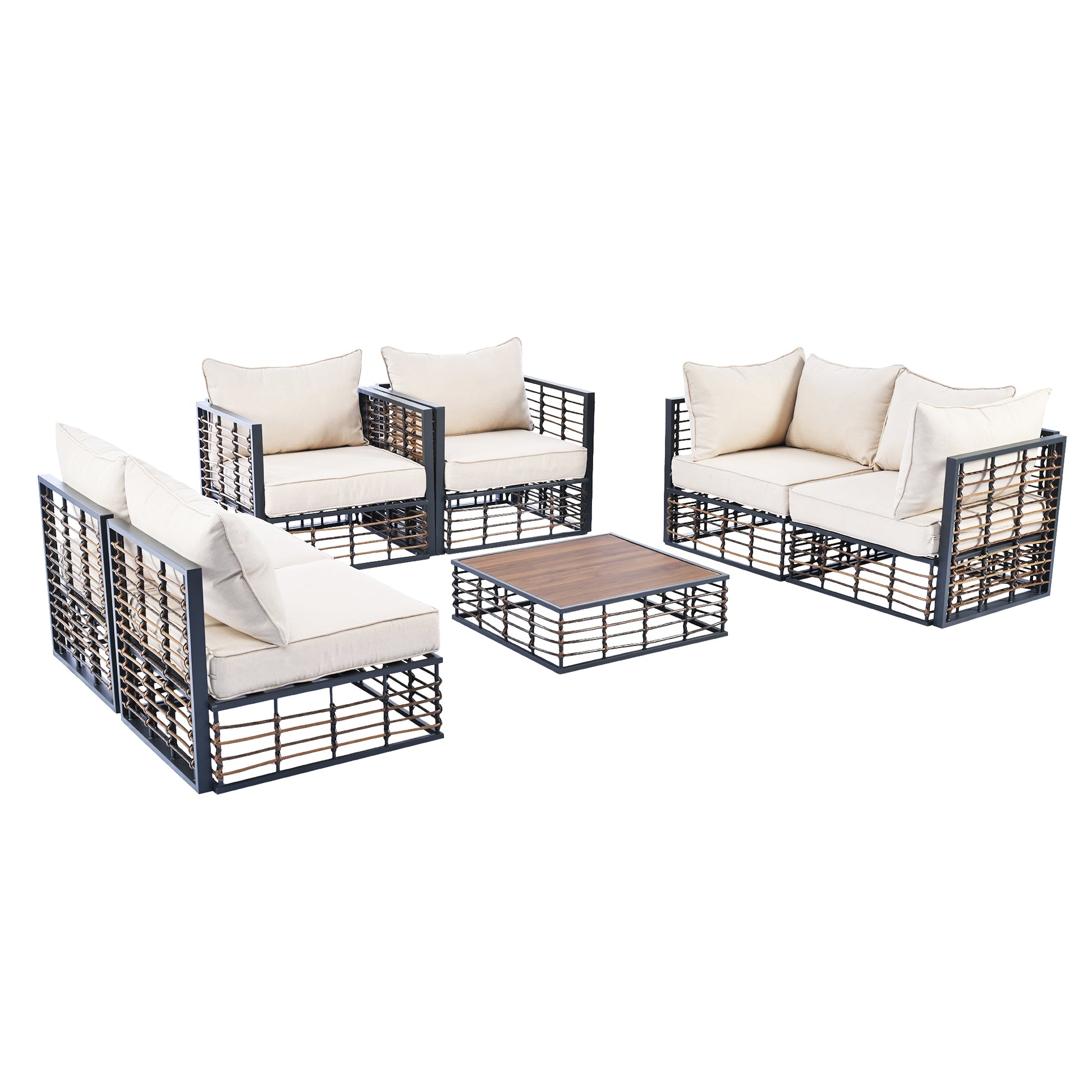 Modern Minimalist 7 Piece Metal Patio Sectional Sofa Set, All Weather Garden Conversational Furniture Set With Thick Cushions And Coffee Table For Indoor Outdoor, Gray Yes Deep Seating White Weather