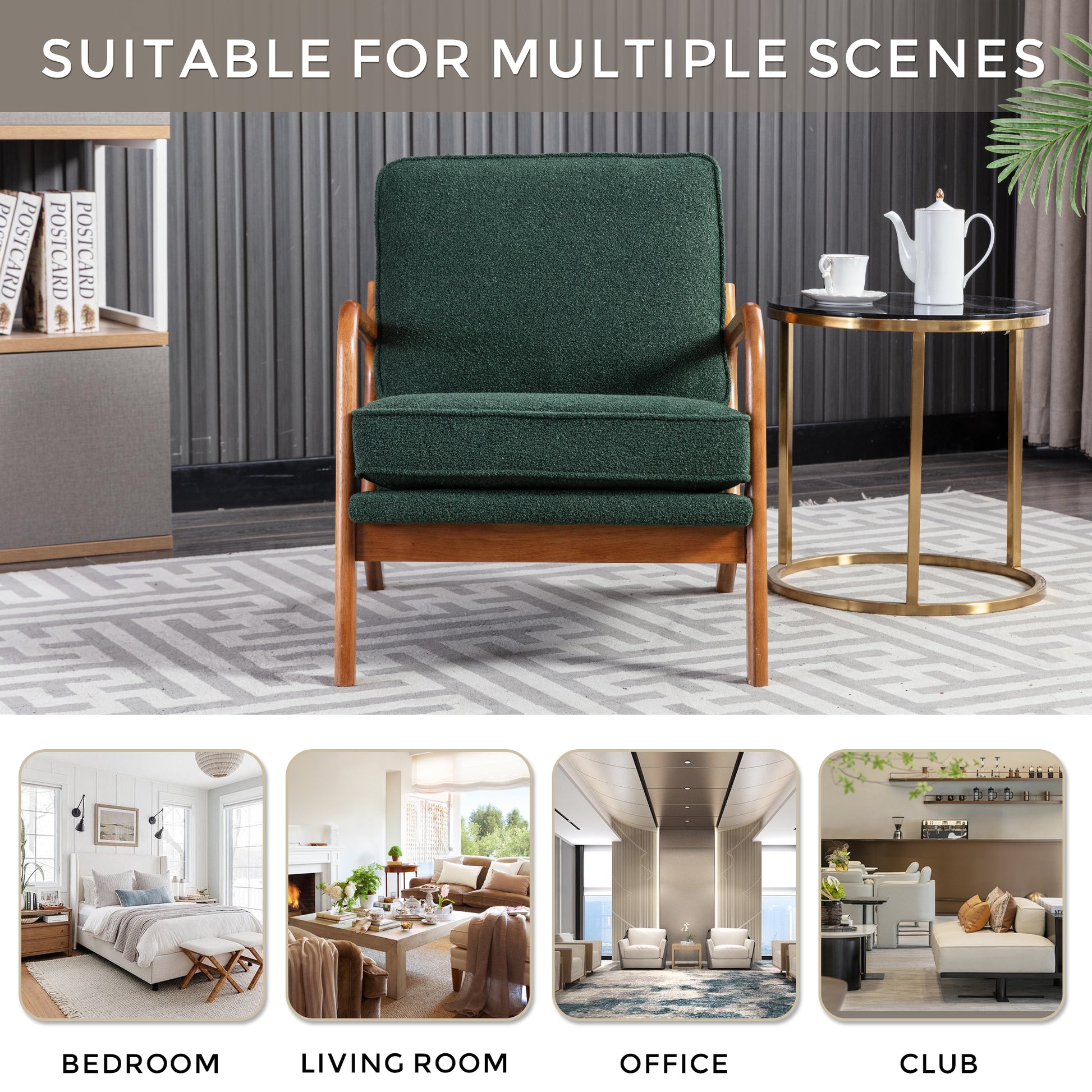 Coolmore Mid Century Modern Accent Chair, Comfy Fabric Living Room Chairs With Solid Wood Frame, Lounge Reading Armchair, Easy Assembly Emerald Emerald Primary Living Space Foam Boucle