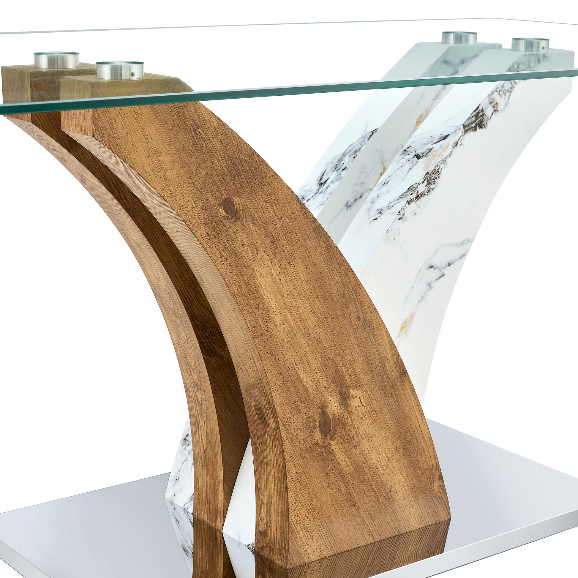 Table And Chair Set.Modern Dining Table, Tempered Glass Countertop With Artistic Mdf Legs.Paried With 4 Comfortable Chairs With Pu Seats And Metal Legs. Suitable For Various Decoration Styles. Black Brown,Transparent Seats 4 Mdf Metal