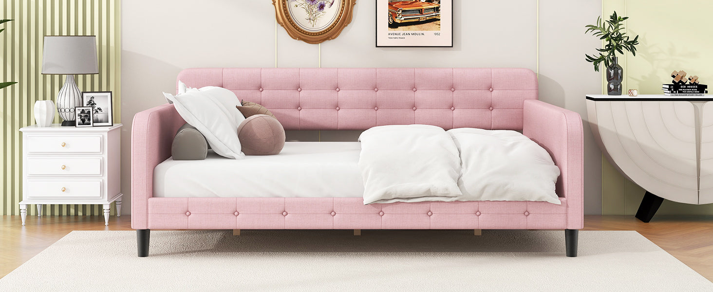 Full Size Upholstered Tufted Daybed With 4 Support Legs, Pink Box Spring Not Required Full Pink Wood Bedroom Daybeds Linen Upholstered